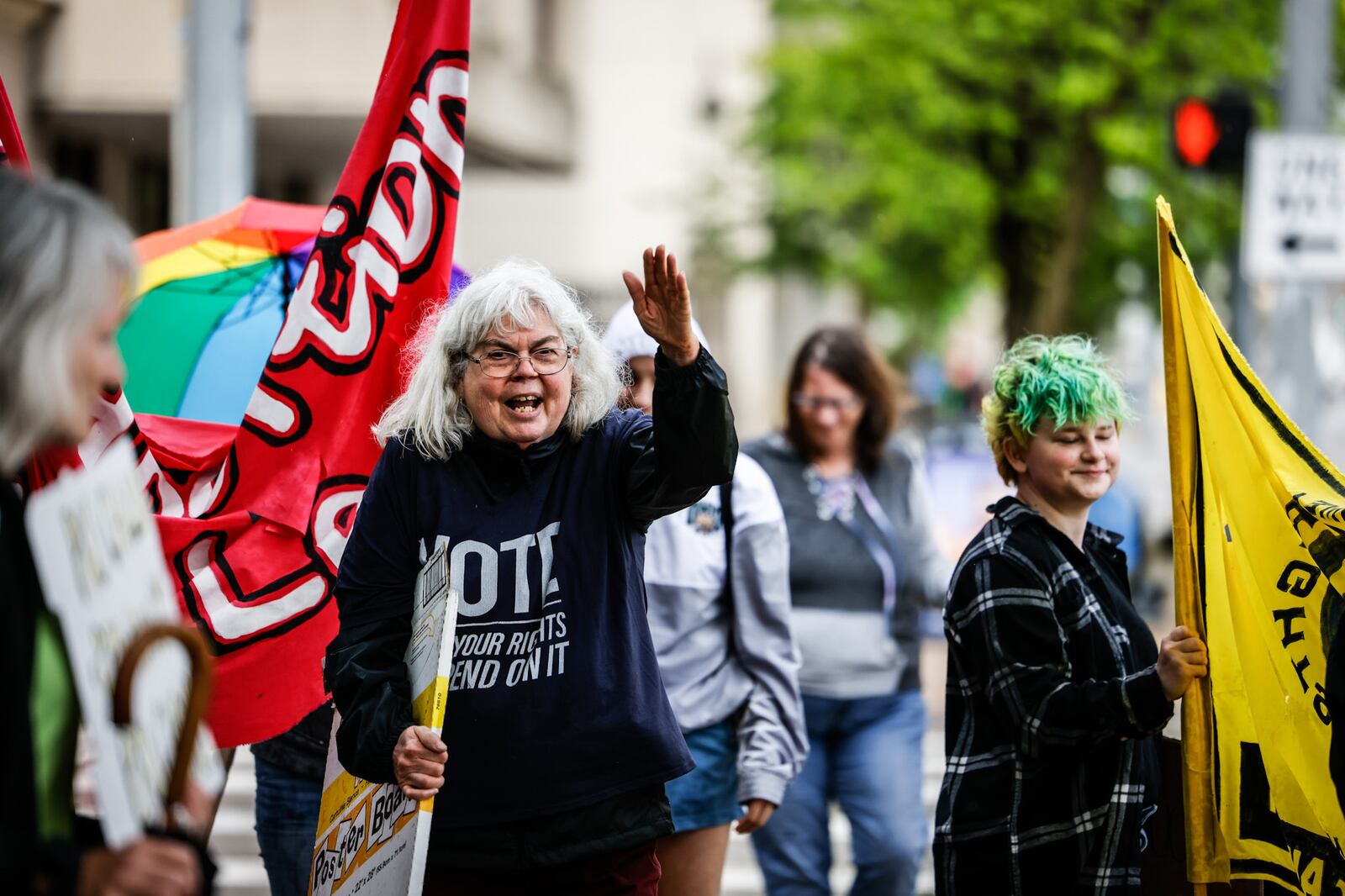 Dayton Woman’s Rights Alliance organizer Joy Schwab leads protests Tuesday evening, May 3, 2022, on West Third Street in Dayton. JIM NOELKER/STAFF