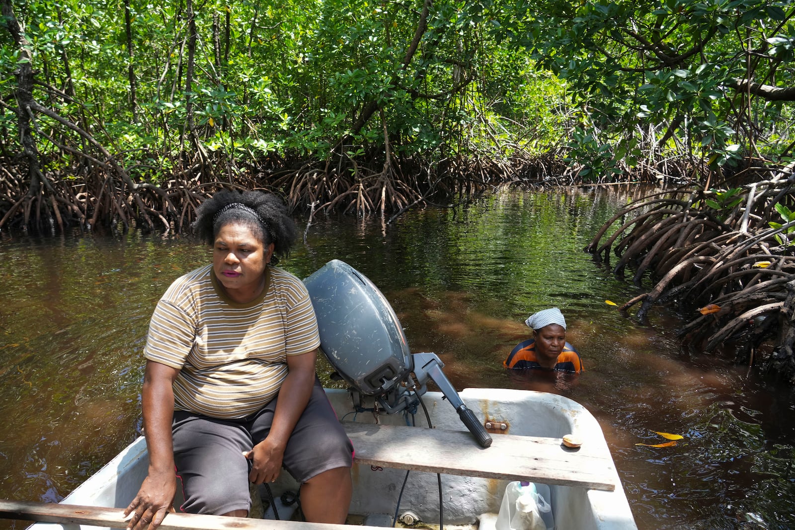 Petronela Merauje sits in a boat as Paula Hamadi, right, stands chest deep in water as she collects clams in a mangrove forest where only women are permitted to enter in Jayapura, Papua province, Indonesia on Wednesday, Oct. 2, 2024. (AP Photo/Firdia Lisnawati)