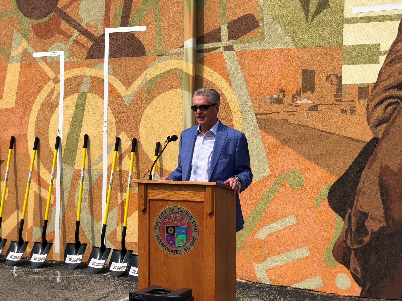 Larry Dillin, CEO of Dillin Corp., speaks at a groundbreaking for the new food hall, W. Social Tap & Table. CORNELIUS FROLIK / STAFF