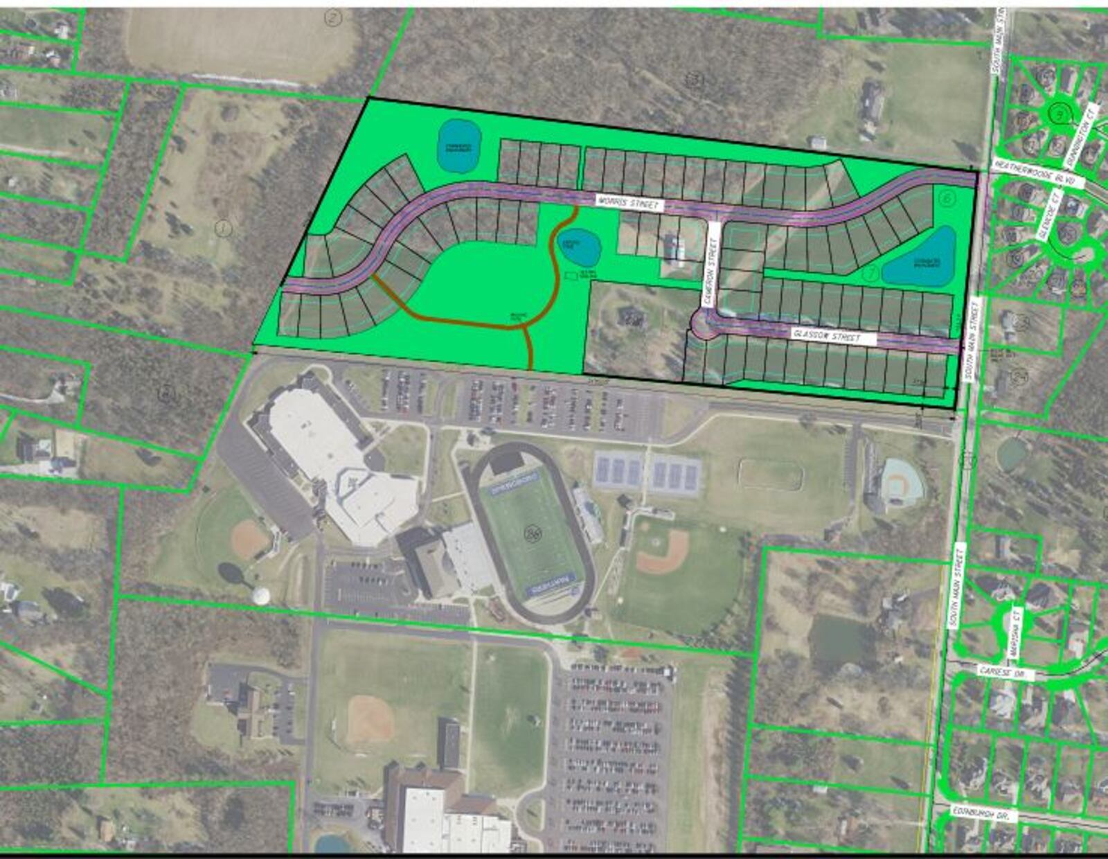 This is a rendering of the proposed 75-home Whispering Pines subdivision located on South Main Street just north of the Springboro Junior High School campus. The Springboro Planning Commission is continuing its review of the project. CONTRIBUTED/CITY OF SPRINGBORO