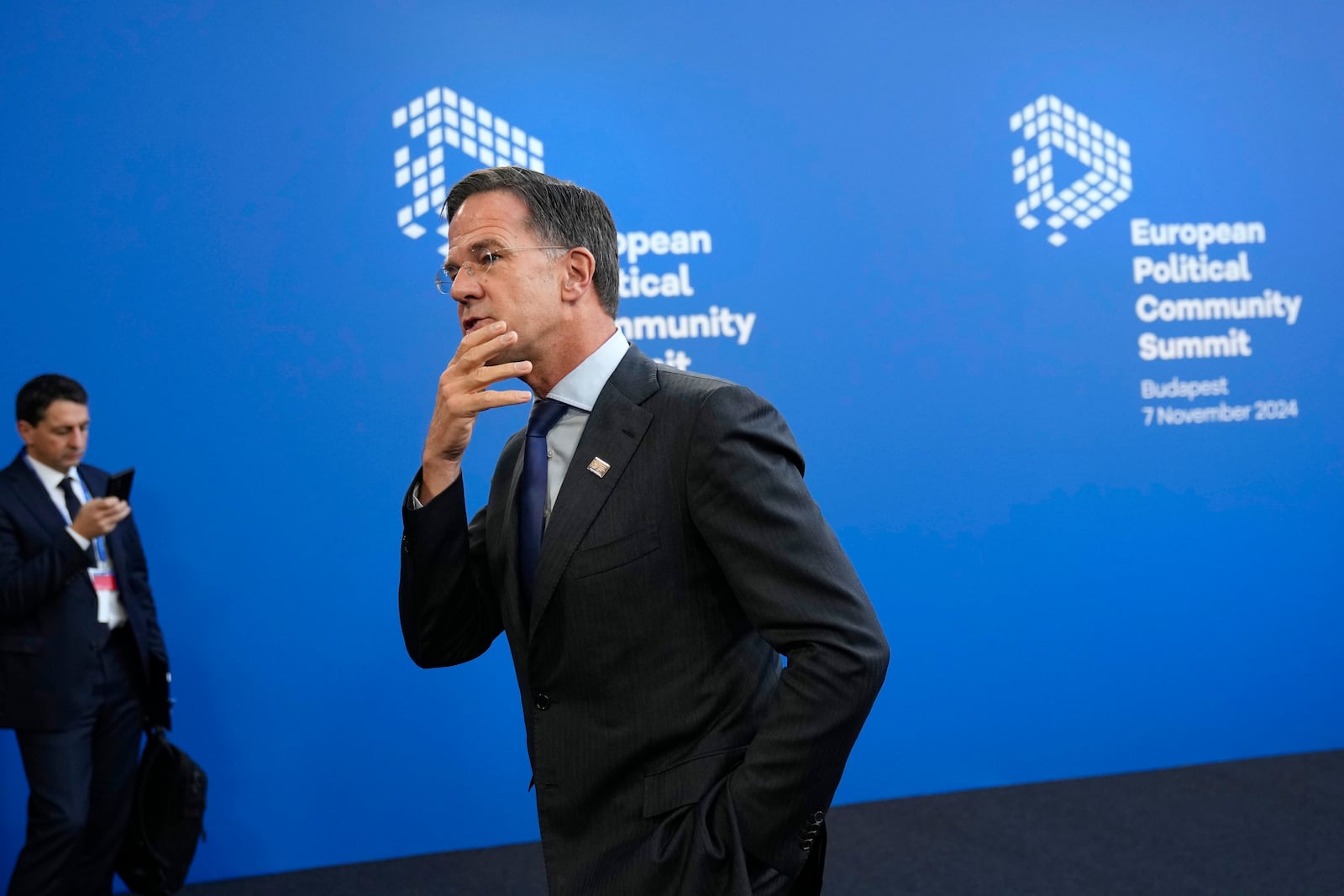 NATO Secretary General Mark Rutte arrives for the European Political Community (EPC) Summit at the Puskas Arena in Budapest, Hungary, Thursday, Nov. 7, 2024. (AP Photo/Petr Josek)