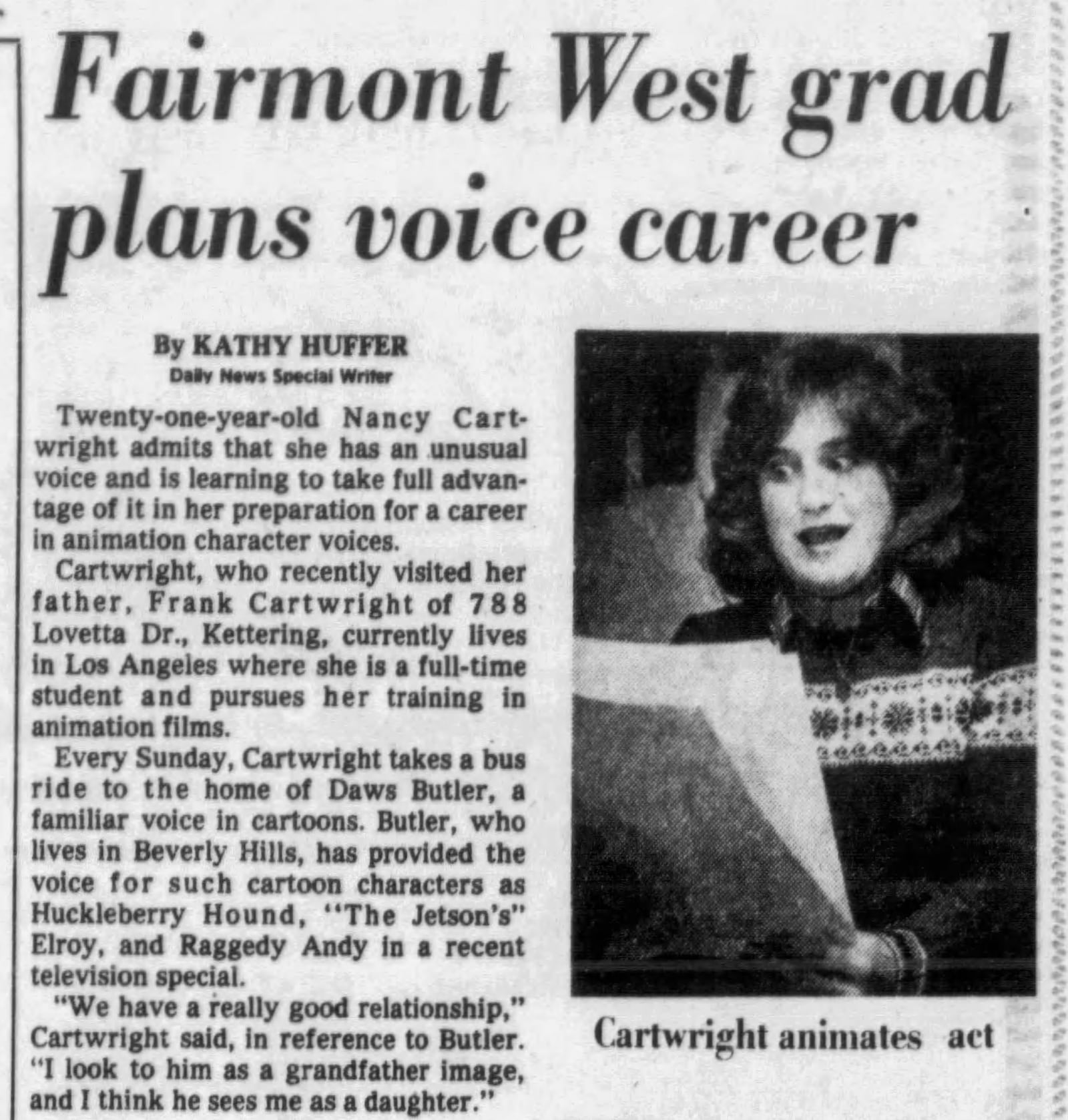 A standalone story about Nancy Cartwright appeared in a 1979 edition of the Dayton Daily News.