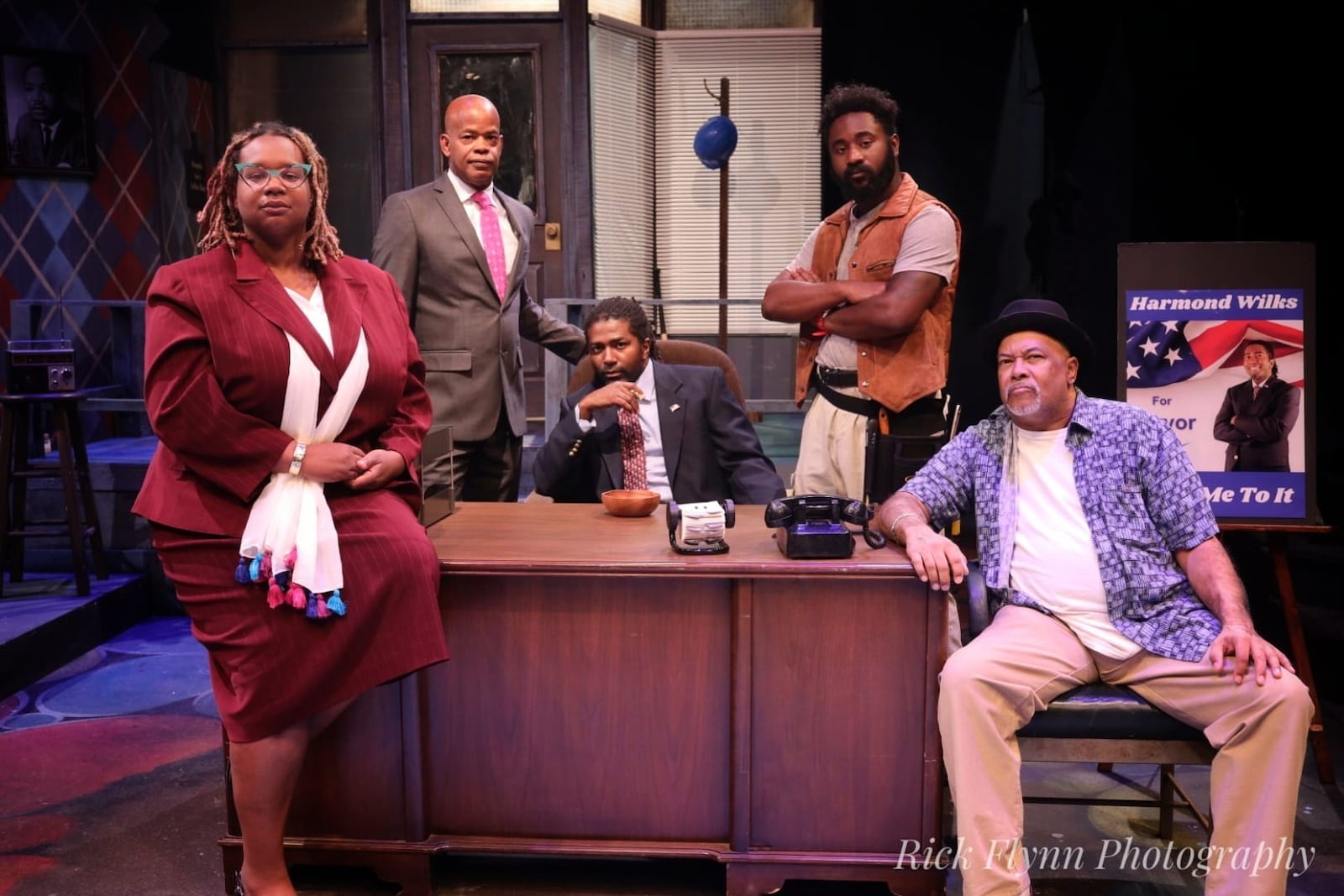 Left to right: Jena Perry (Mame Wilks), Lessley Scott (Roosevelt Hicks), S. Francis Livisay (Harmond Wilks), Andre Tomlinson (Sterling Johnson), and Franklin Johnson (Elder Joseph Barlow) comprise the cast of the Dayton Theatre Guild's production of "Radio Golf." PHOTO BY RICK FLYNN PHOTOGRAPHY