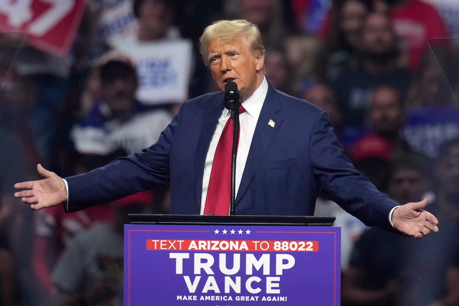 FILE - Republican presidential nominee former President Donald Trump speaks at a campaign rally, Aug. 23, 2024, in Glendale, Ariz. (AP Photo/Ross D. Franklin, File)