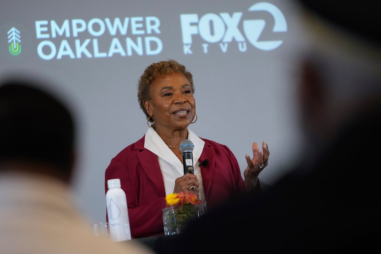 Barbara Lee answers a question during the Oakland mayoral debate Tuesday, March 11, 2025, in Oakland, Calif. (AP Photo/Godofredo A. Vásquez)