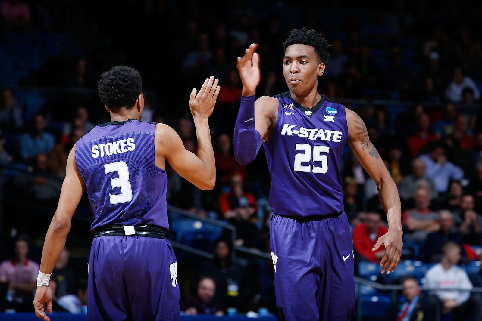 DAYTON, OH - MARCH 14: Kamau Stokes #3 of the Kansas State Wildcats high fives Wesley Iwundu #25 in the second half against the Wake Forest Demon Deacons during the First Four game in the 2017 NCAA Men’s Basketball Tournament at UD Arena on March 14, 2017 in Dayton, Ohio. (Photo by Joe Robbins/Getty Images)