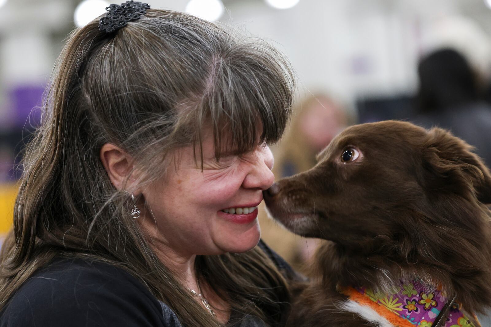 Alicia Bismore and her dog Dazy rub noses as they wait for the start of the flyball tournament at the 149th Westminster Kennel Club Dog show, Saturday, Feb. 8, 2025, in New York. (AP Photo/Heather Khalifa)