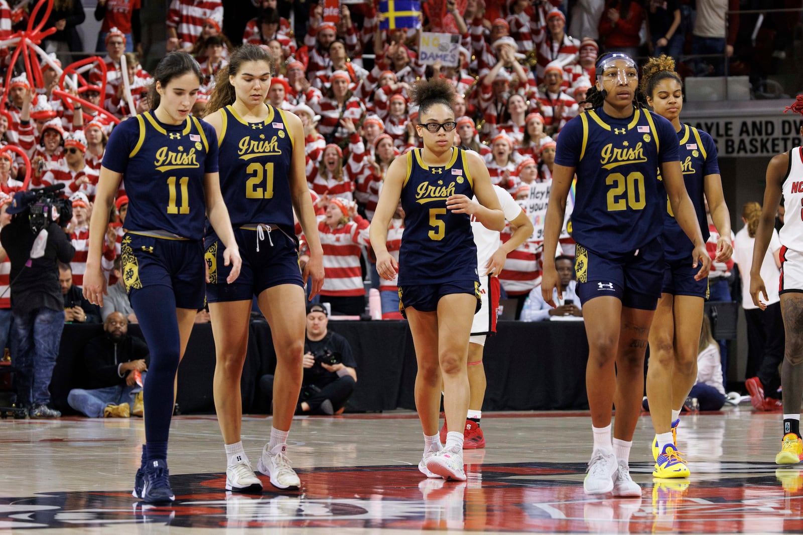 Notre Dame players walk down the court in the final moments of an NCAA college basketball game against North Carolina State in Raleigh, N.C., Sunday, Feb. 23, 2025. (AP Photo/Ben McKeown)