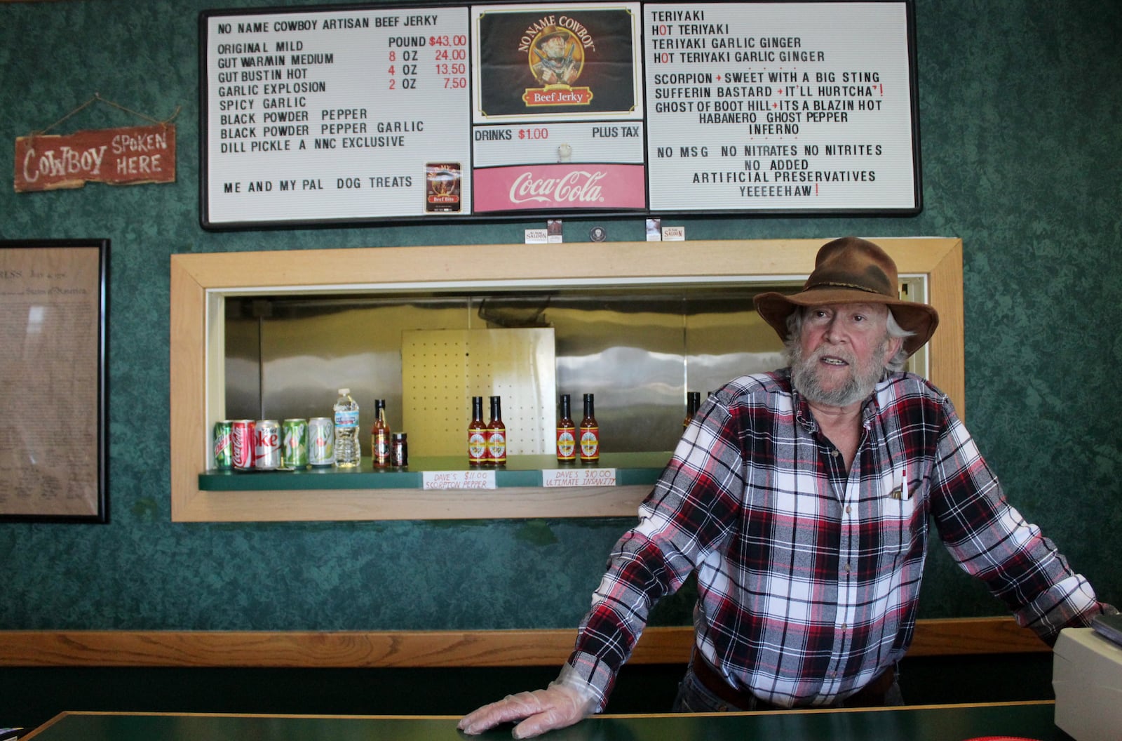 Dave "No Name Cowboy" Buehrle opened No Name Cowboy beef jerky store in 2011 with his late wife, Mary.  The Washington Twp. store is decorated in posters of cowboy movies, The Second Amendment and the Declaration of Independence.  A print hang on the wall of Dave and Mary in western wear.