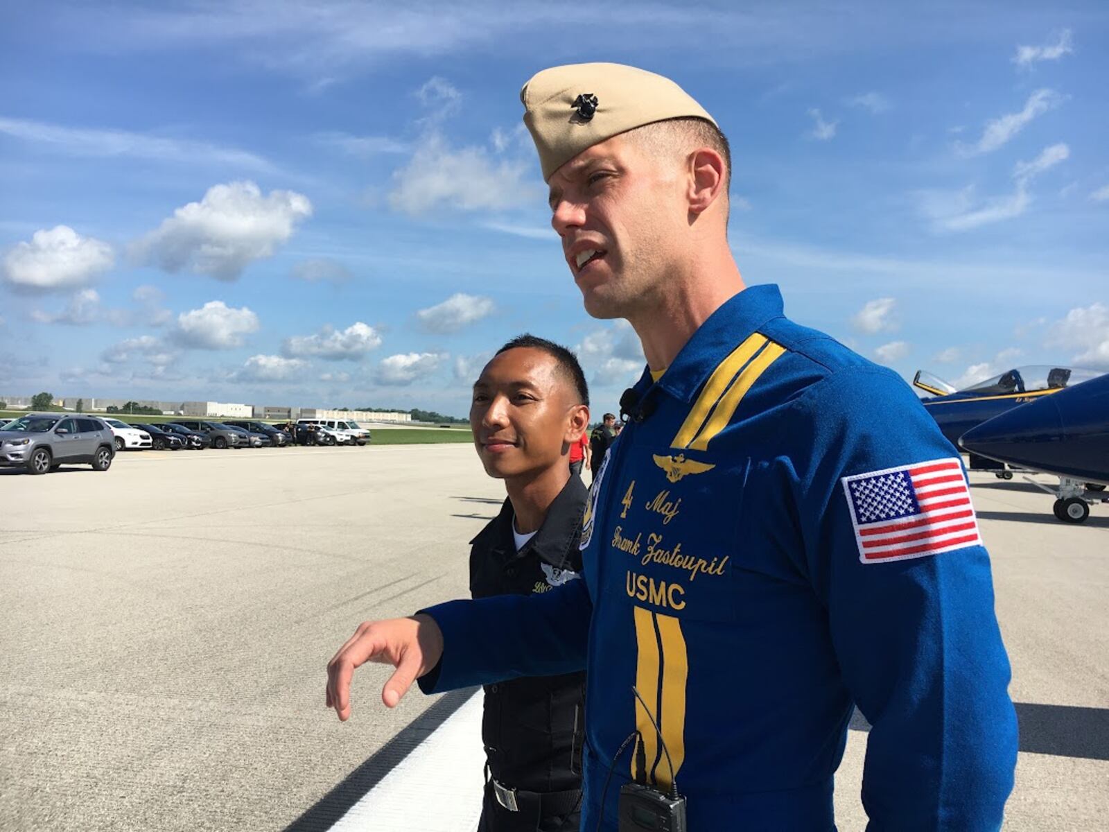 No. 4 Blue Angels jet pilot Maj. Frank Zastoupil, right, with Navy Petty Officer 1st Class Justin Delacruz. THOMAS GNAU/STAFF