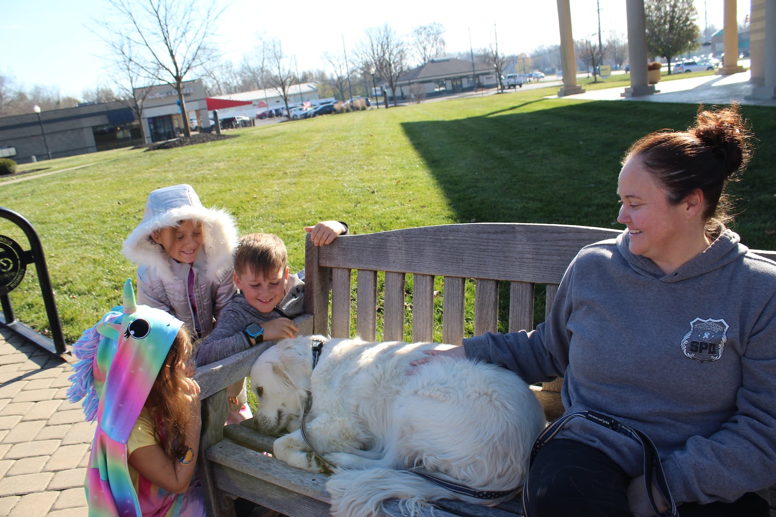 Five Points Elementary School students meet Springboro Police comfort dog, Blue, as part of learning about the city. CONTRIBUTED