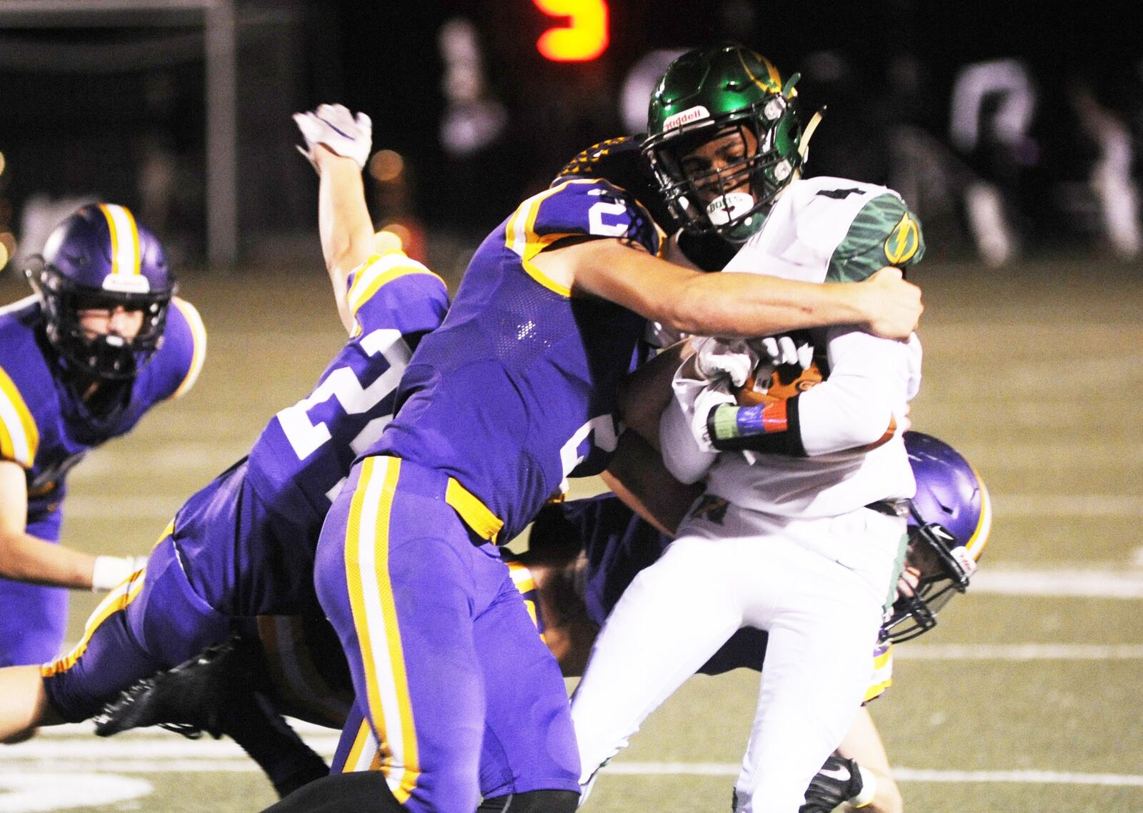 Northmont’s Jazz Keys (right) is met by Butler’s Nicholas Coyle (2). Northmont defeated host Butler 43-16 in a Week 4 high school football game on Thursday, Sept. 13, 2018. MARC PENDLETON / STAFF