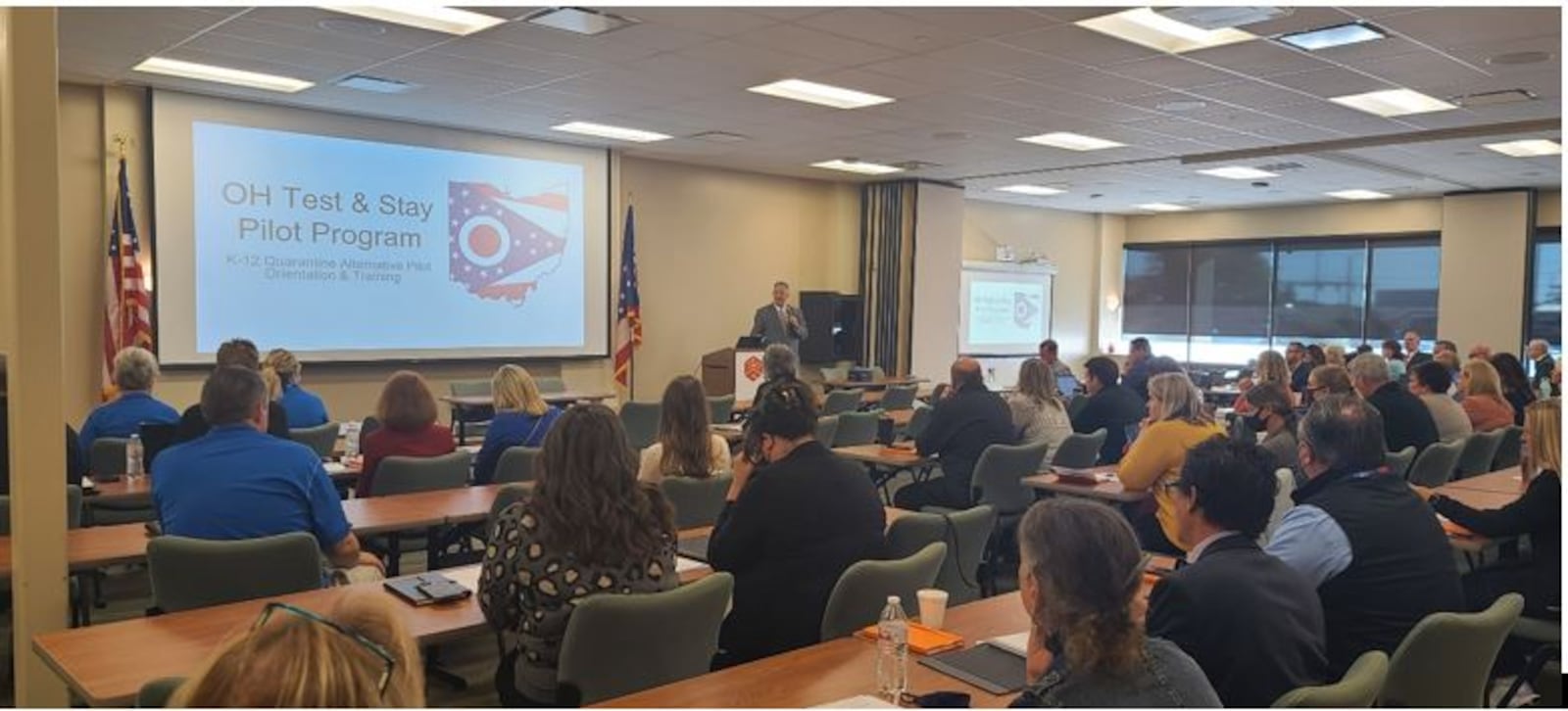 Warren County Education Service Center Superintendent Tom Isaacs welcomes a group of school district leaders
and school nurses who met Friday to finalize plans for the Test & Stay Program Rollout. The pilot program, that was approved by Ohio Gov. Mike DeWine and the Ohio Department of Health will begin next week. The program was proposed to state officials by the Warren County area school district superintendents. CONTRIBUTED/WARREN COUNTY ESC