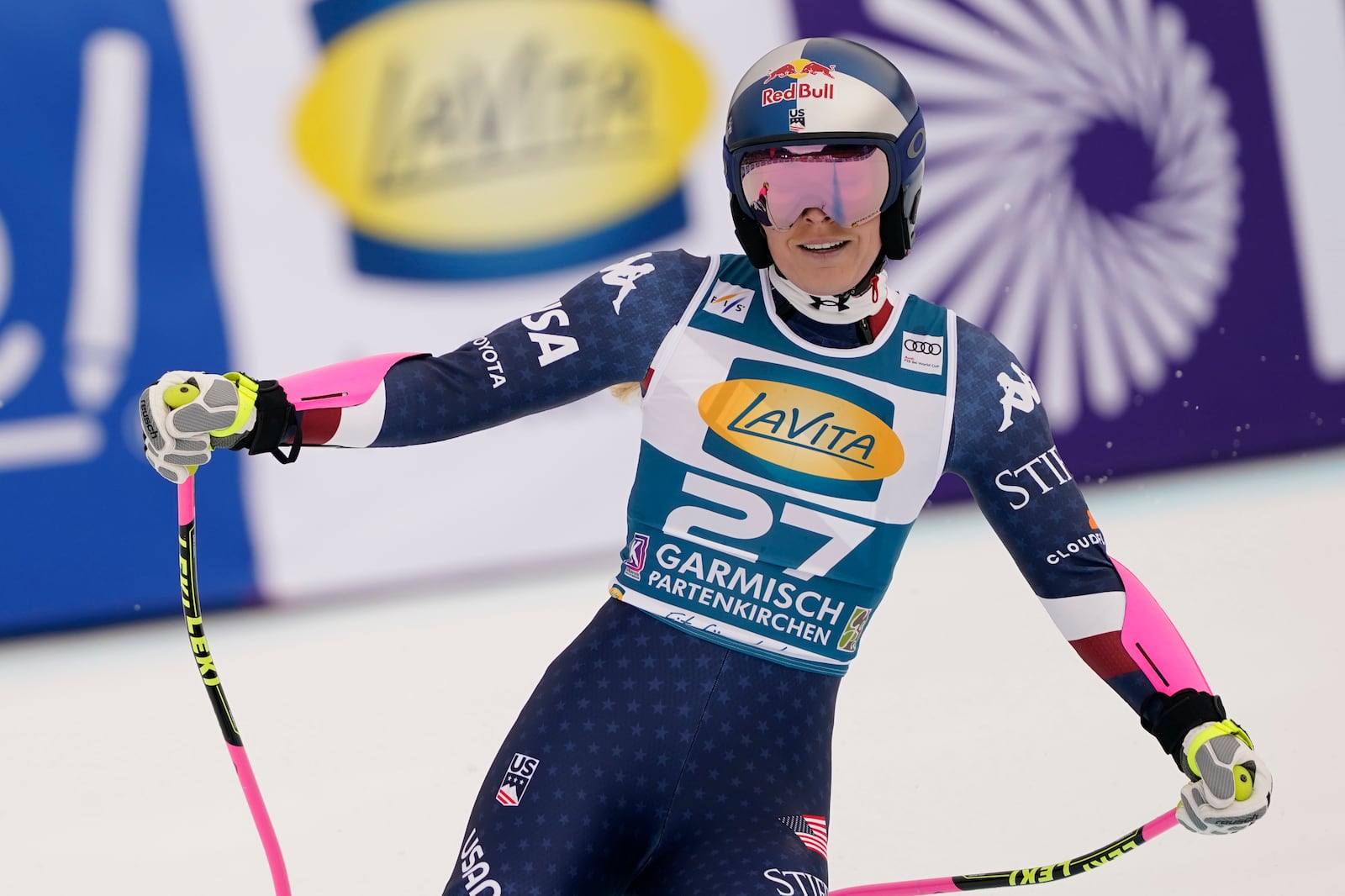 United States' Lindsey Vonn reacts after completing an alpine ski, women's World Cup super G, in Garmisch, Germany, Sunday, Jan. 26, 2025. (AP Photo/Piermarco Tacca)