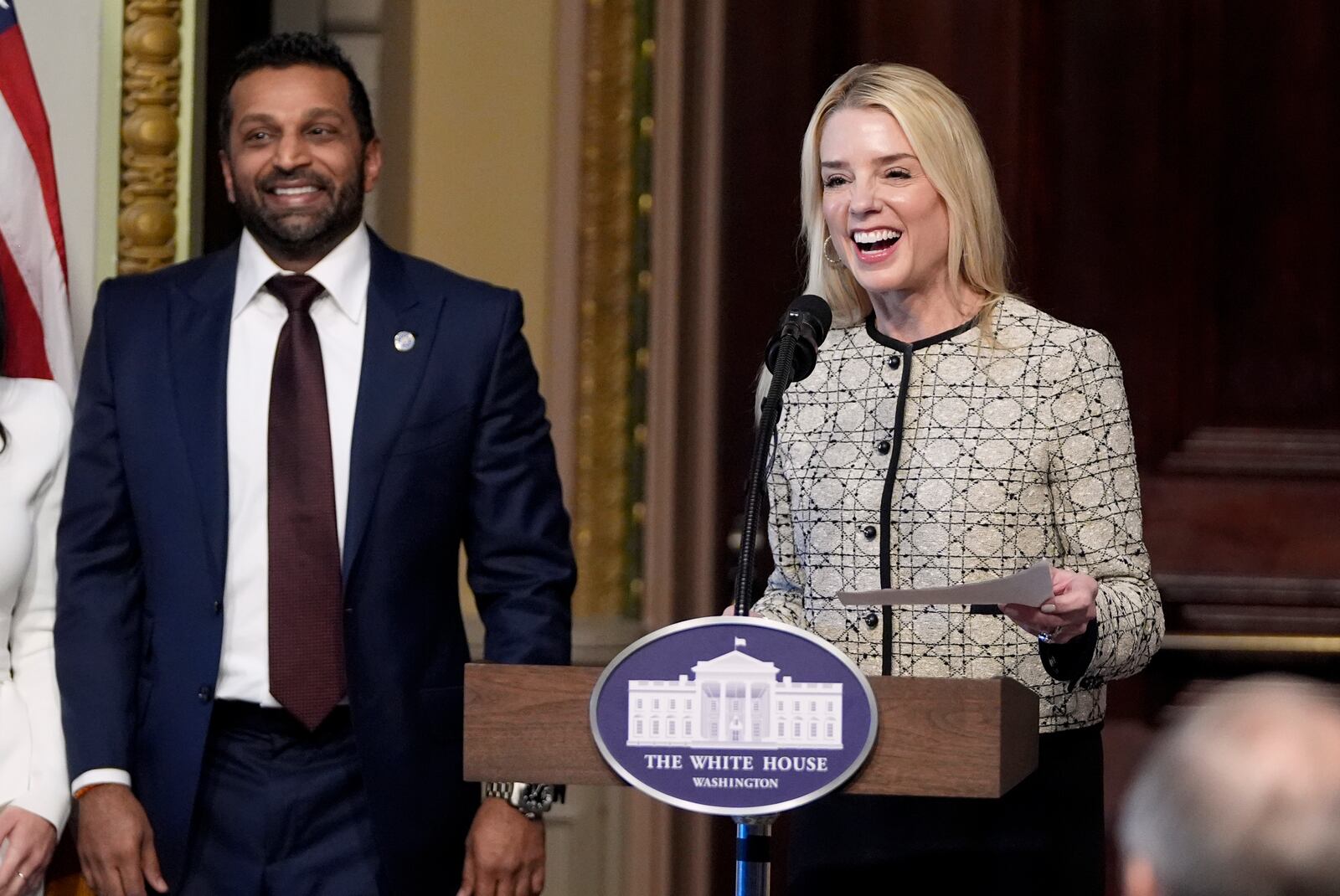 Attorney General Pam Bondi speaks during a ceremonial swearing-in of Kash Patel, President Donald Trump's new director of the FBI, Friday, Feb. 21, 2025, in the Indian Treaty Room at the Eisenhower Executive Office Building on the White House campus in Washington. (AP Photo/Mark Schiefelbein)