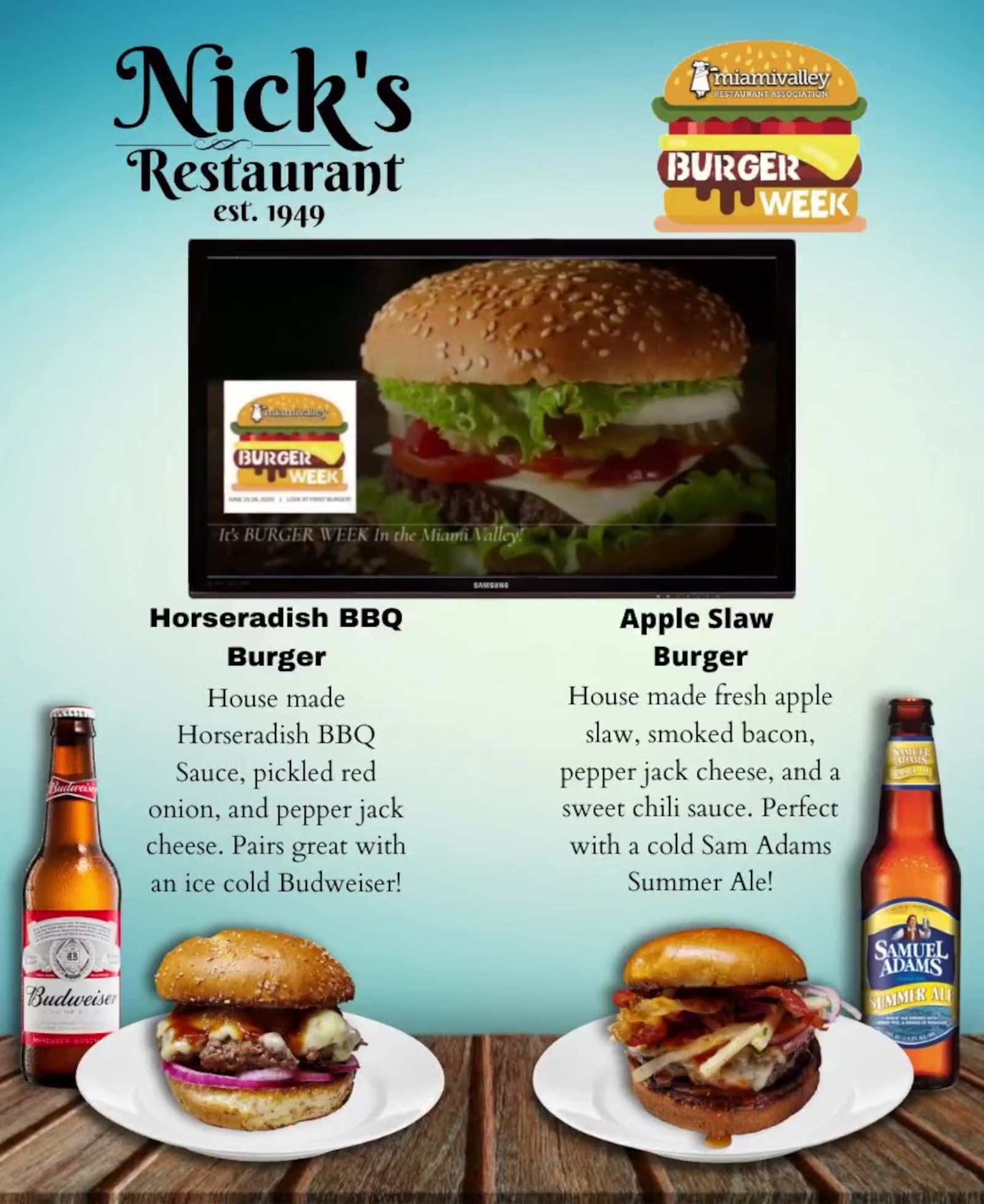 Nick's Restaurant in Xenia is offering gourmet burger specials this week during Burger Week, running June 21-28, 2020. CONTRIBUTED