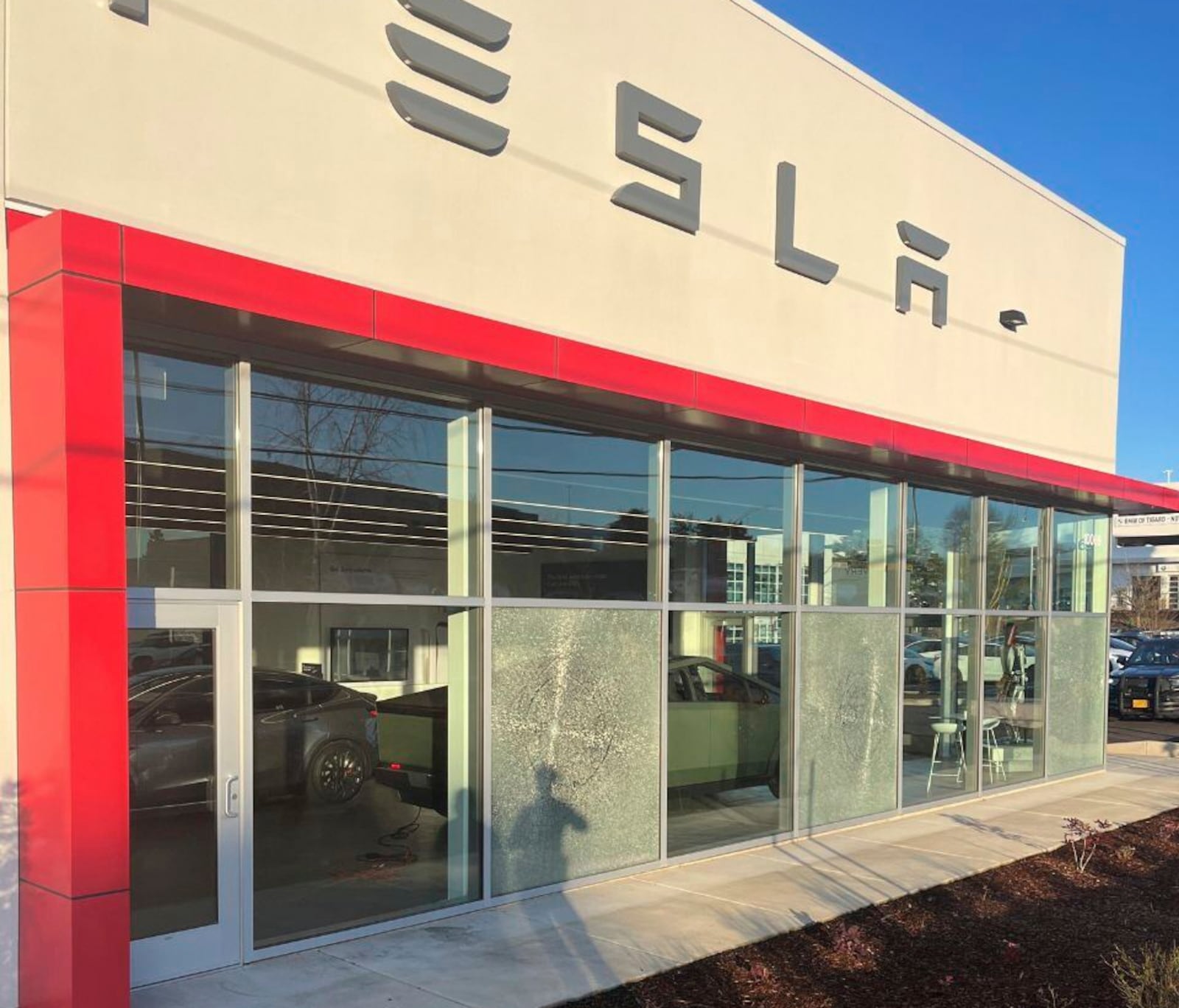 This photo released by the Tigard Police Department, shows shattered windows of a Tesla dealership, Thursday, March 6, 2025, in Tigard. Oreg. (Tigard Police Department via AP)