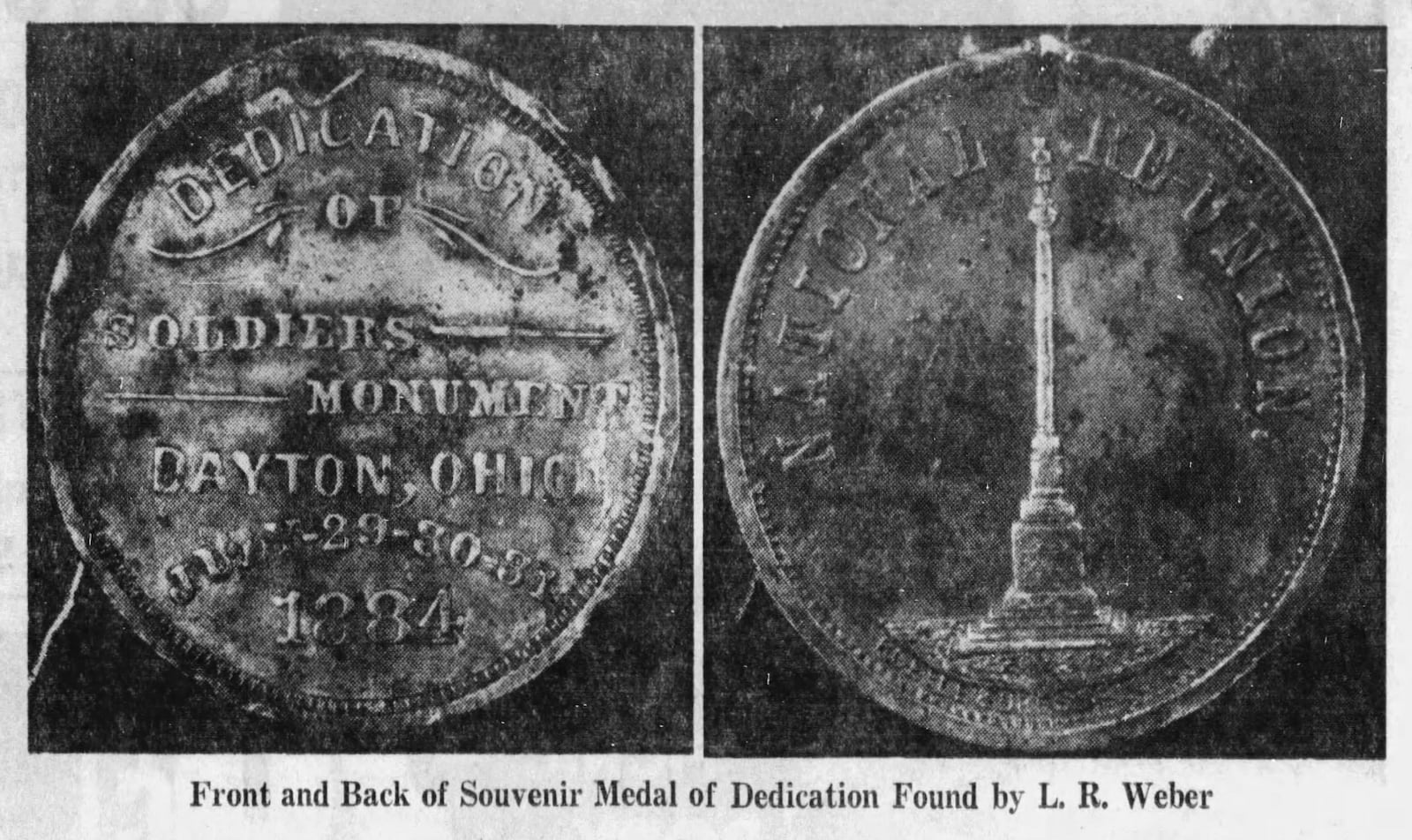 A souvenir metal coin from the 1884 dedication ceremony of the Dayton Civil War Soldiers Monument. DAYTON DAILY NEWS ARCHIVES.