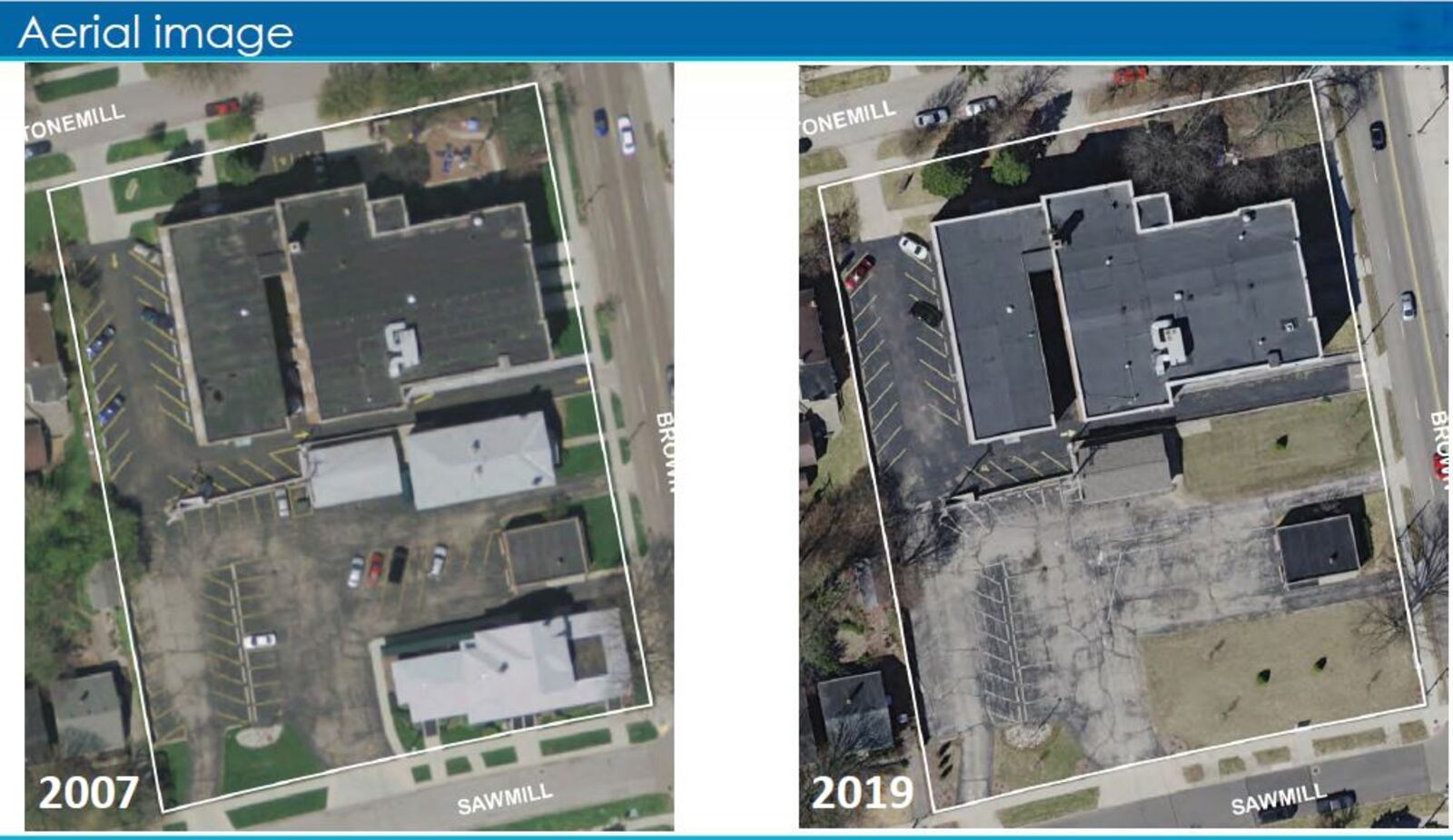 An aerial photo of the South Park United Methodist Church property from 2007 and 2019. Multiple buildings have been removed. CONTRIBUTED