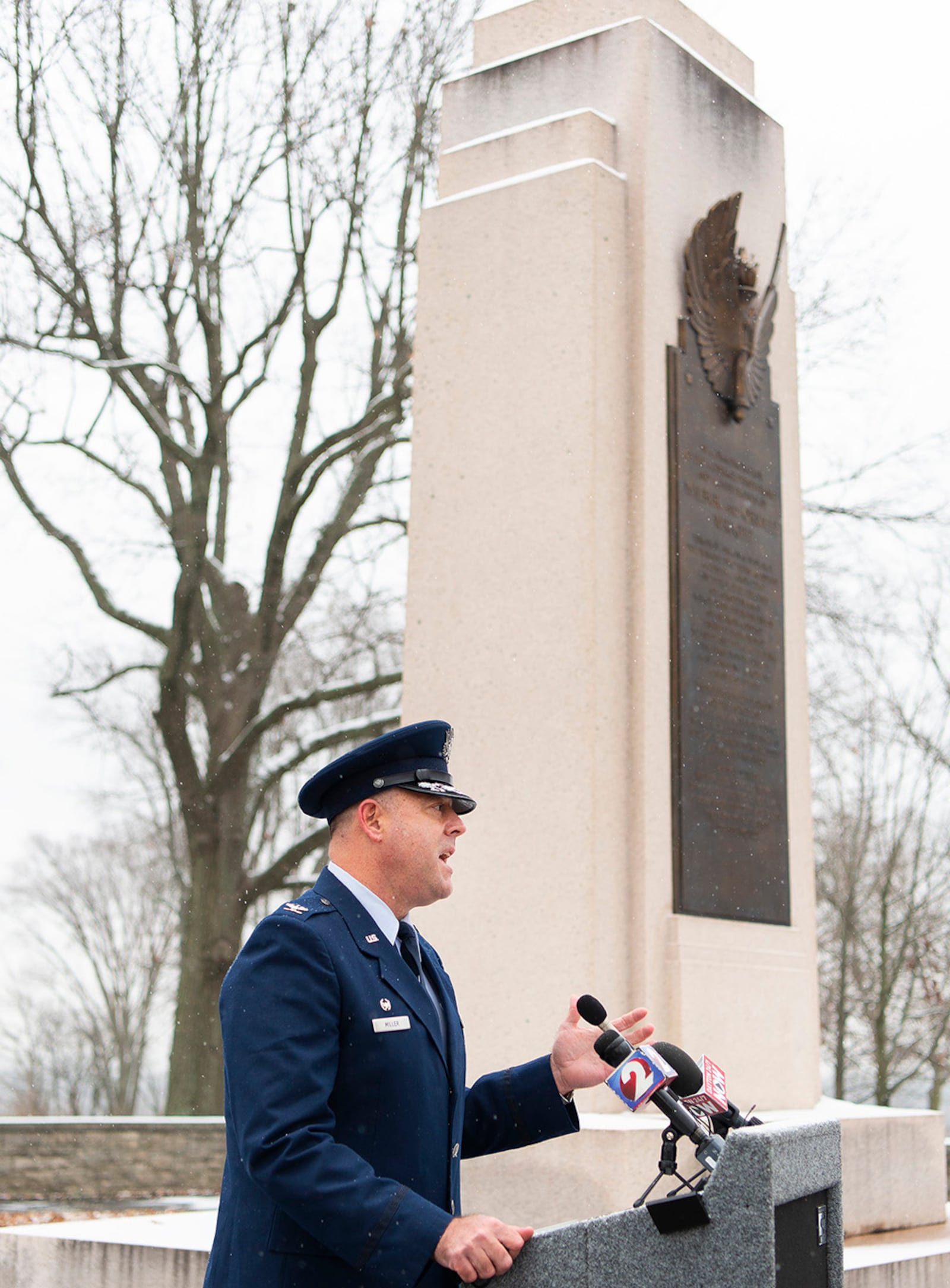 Col. Patrick Miller, 88th Air Base Wing and installation commander, speaks during the annual ceremony, held Dec. 17 at the Wright Brothers Memorial on Wright-Patterson Air Force Base, marking the anniversary of the first powered flight. Participants included National Park Service officials and Wright family members. U.S. AIR FORCE PHOTO/R.J. ORIEZ