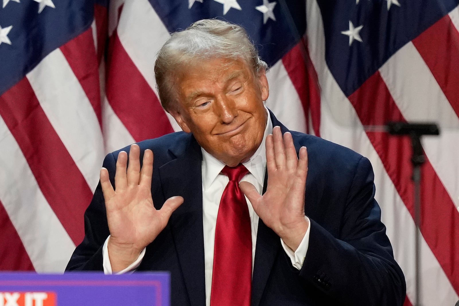 Republican presidential nominee former President Donald Trump dances after speaking at an election night watch party, Wednesday, Nov. 6, 2024, in West Palm Beach, Fla. (AP Photo/Alex Brandon)