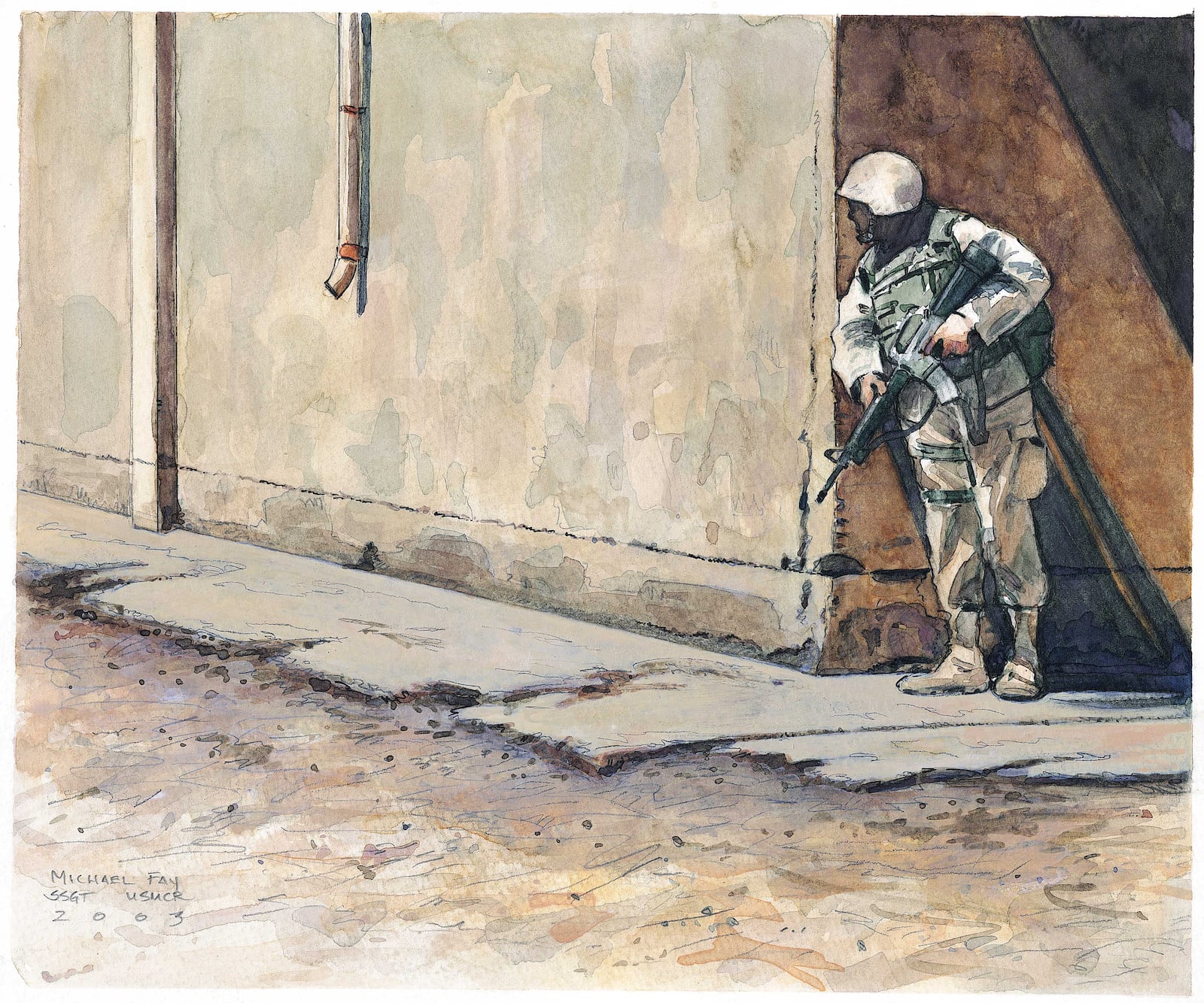 Raid Outside of Yusifiyah, Iraq by Chief Warrant Officer 2 Michael D. Fay, USMCR. Watercolor and pen wash on paper. A Marine armed with an M-16A2 rifle and protected by body armor stands ready to engage the enemy on a street outside Yusufiyah, a large town south of Baghdad, Iraq. CONTRIBUTED