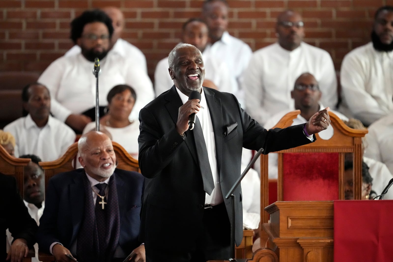 Gary Houston speaks during a ceremony celebrating the life of Cissy Houston on Thursday, Oct. 17, 2024, at the New Hope Baptist Church in Newark, N.J. (Photo by Charles Sykes/Invision/AP)