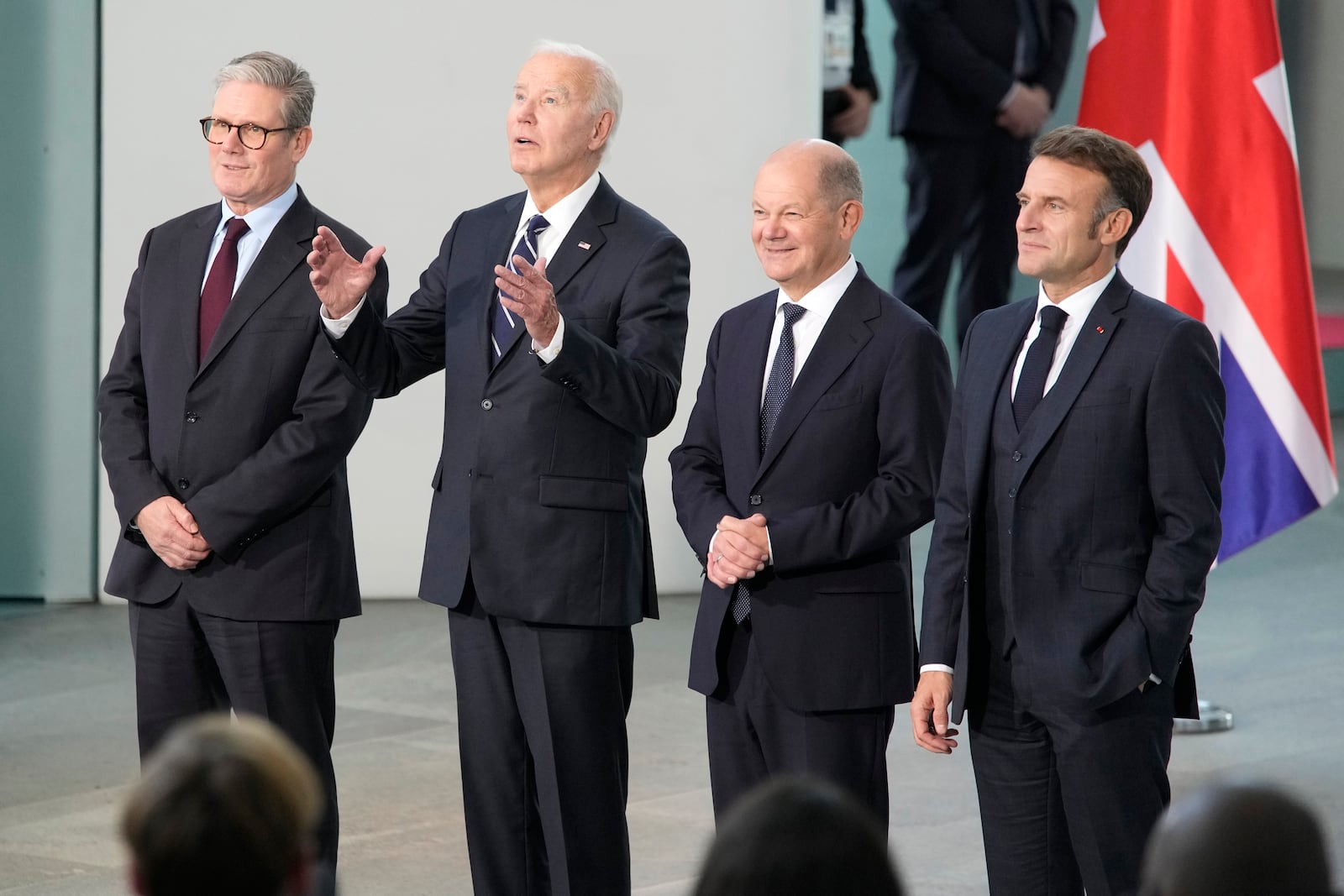 FILE - President Joe Biden, 2nd left, Chancellor Olaf Scholz of Germany, 2nd right, President Emmanuel Macron of France, right, and Prime Minister Keir Starmer of the United Kingdom, pose for a family photo as they meet at the Chancellery in Berlin, Germany, on Oct. 18, 2024. (AP Photo/Ben Curtis, File)