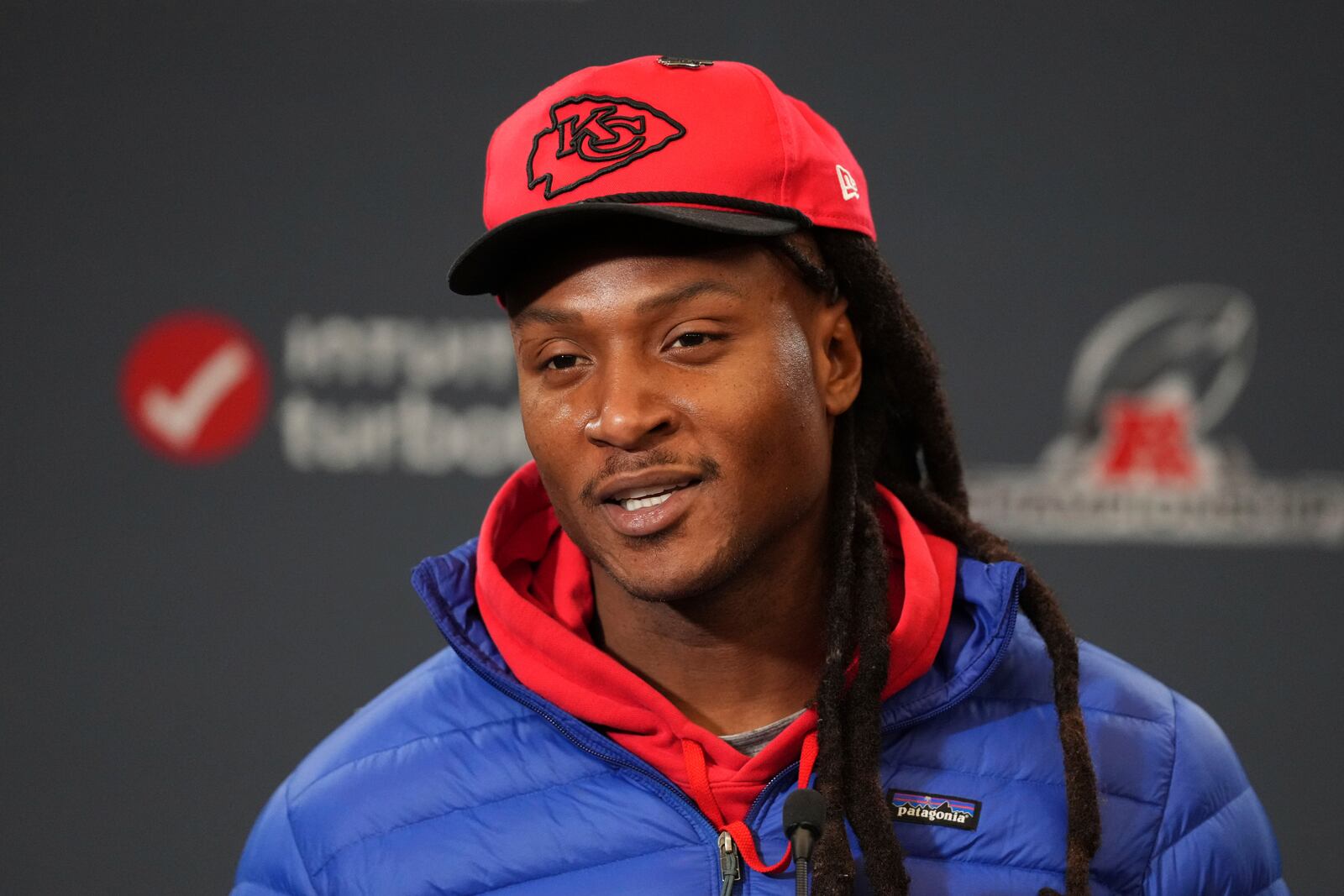 Kansas City Chiefs wide receiver DeAndre Hopkins speaks to the media before the NFL football team's practice Wednesday, Jan. 22, 2025, in Kansas City, Mo. (AP Photo/Charlie Riedel)