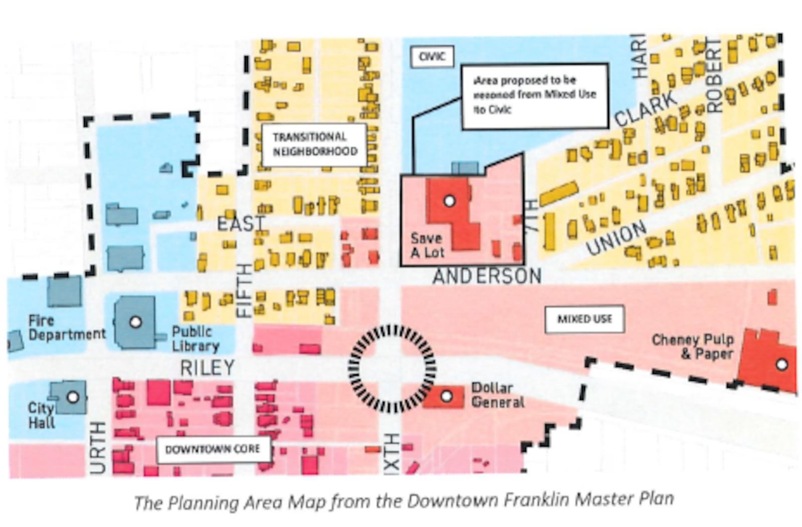 This is how the city of Franklin's Downtown Master Plan envisions the future use of school-owned property adjacent to the new high school. Franklin City Schools own that property and wants it rezoned as civic instead of mixed use. The Franklin Planning Commission voted 2-2 on the rezoning question. The matter goes to Franklin City Council without a recommendation. CONTRIBUTED/CITY OF FRANKLIN