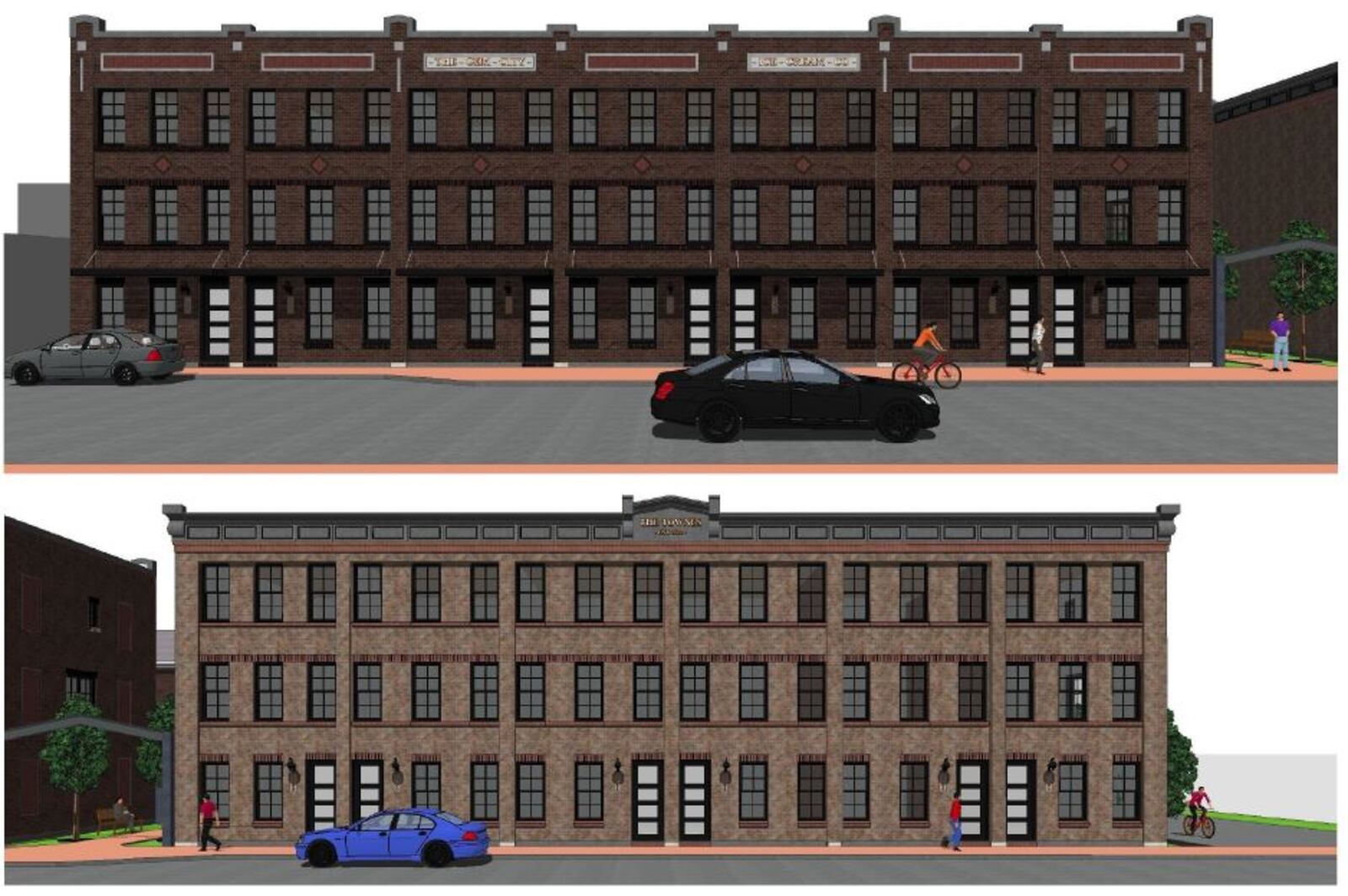 Charles Simms Development plans to build 26 new townhomes in the Wright Dunbar neighborhood in West Dayton. Half of the three-story homes will be along West Third Street, including on the former Gem City Ice Cream Co. site. The final product is expected to have different ground-floor windows and front doors than what is depicted in the rendering. CONTRIBUTED