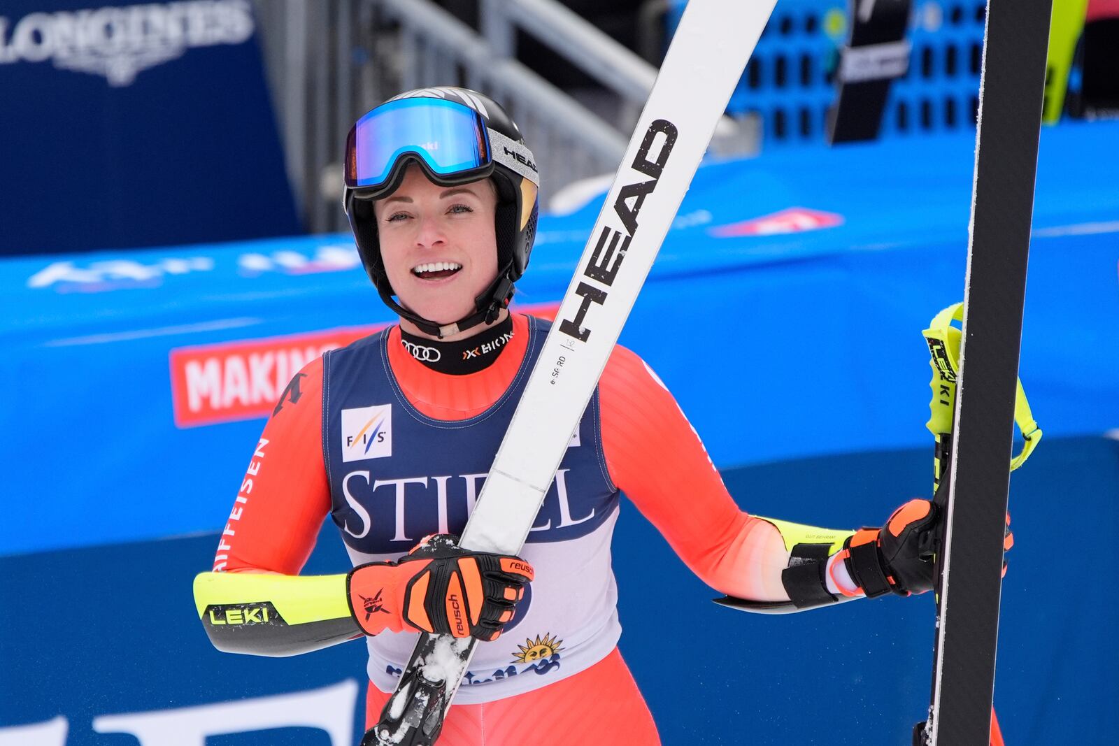 Switzerland's Lara Gut-Behrami reacts after her run during a women's super-G run at the World Cup Finals, Sunday, March 23, 2025, in Sun Valley, Idaho. (AP Photo/John Locher)