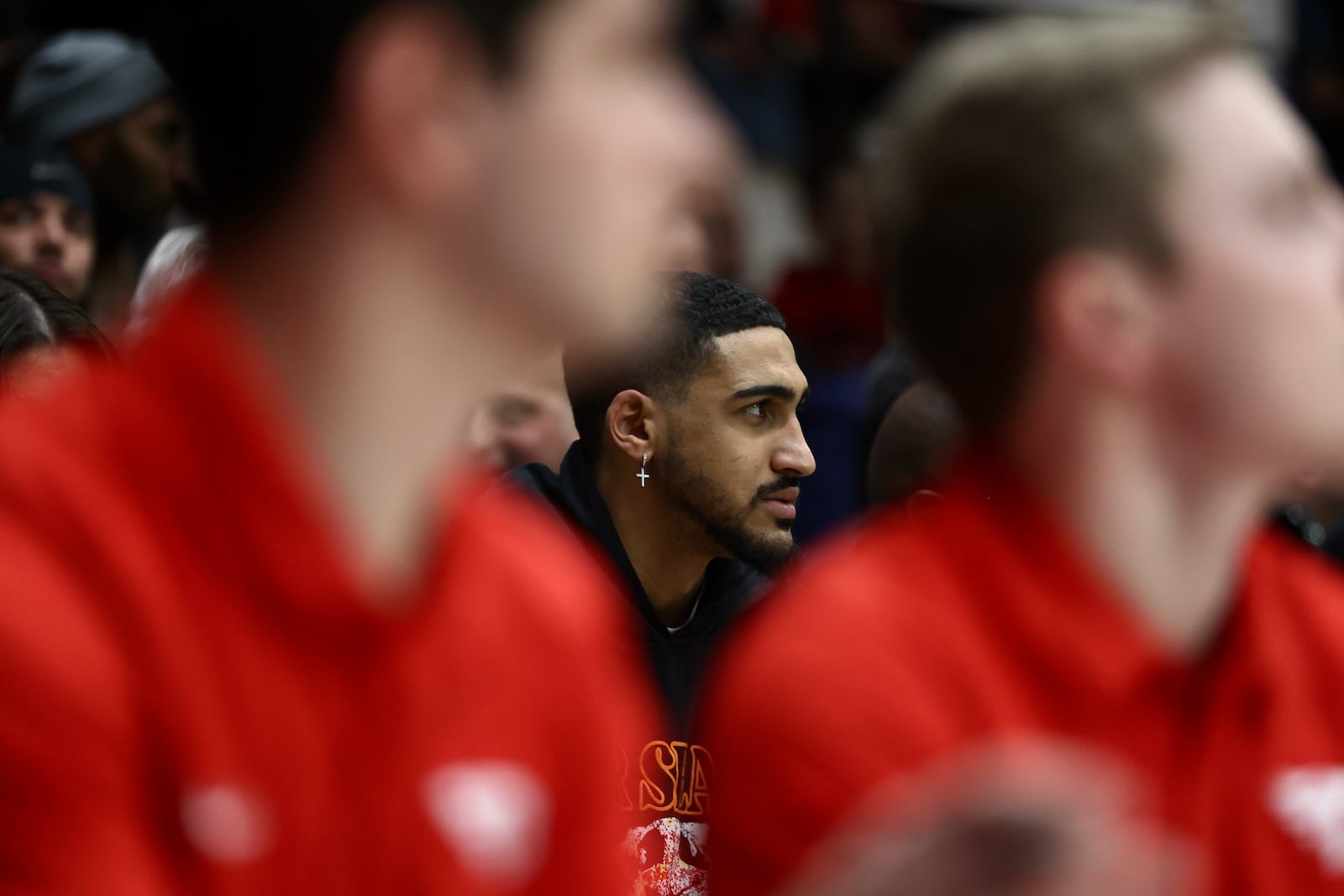 Obi Toppin watches a game between Dayton and Fordham on Tuesday, Jan. 10, 2023, at Rose Hill Gym in Bronx, N.Y. David Jablonski/Staff