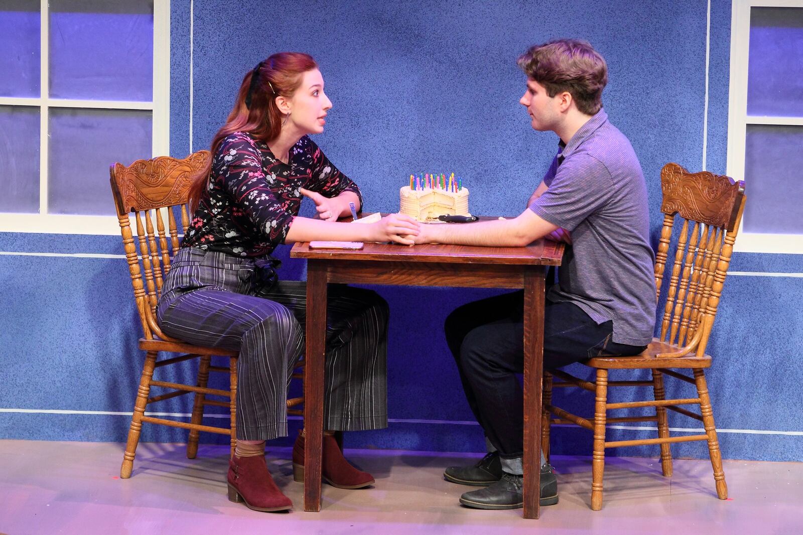 Courtney Collinsworth (left as Jill) and Josiah Callinan (Kevin) in "Forgot," one of the plays within "Love/Sick" presented by Sinclair Community College. PHOTO BY SCOTT KIMMINS