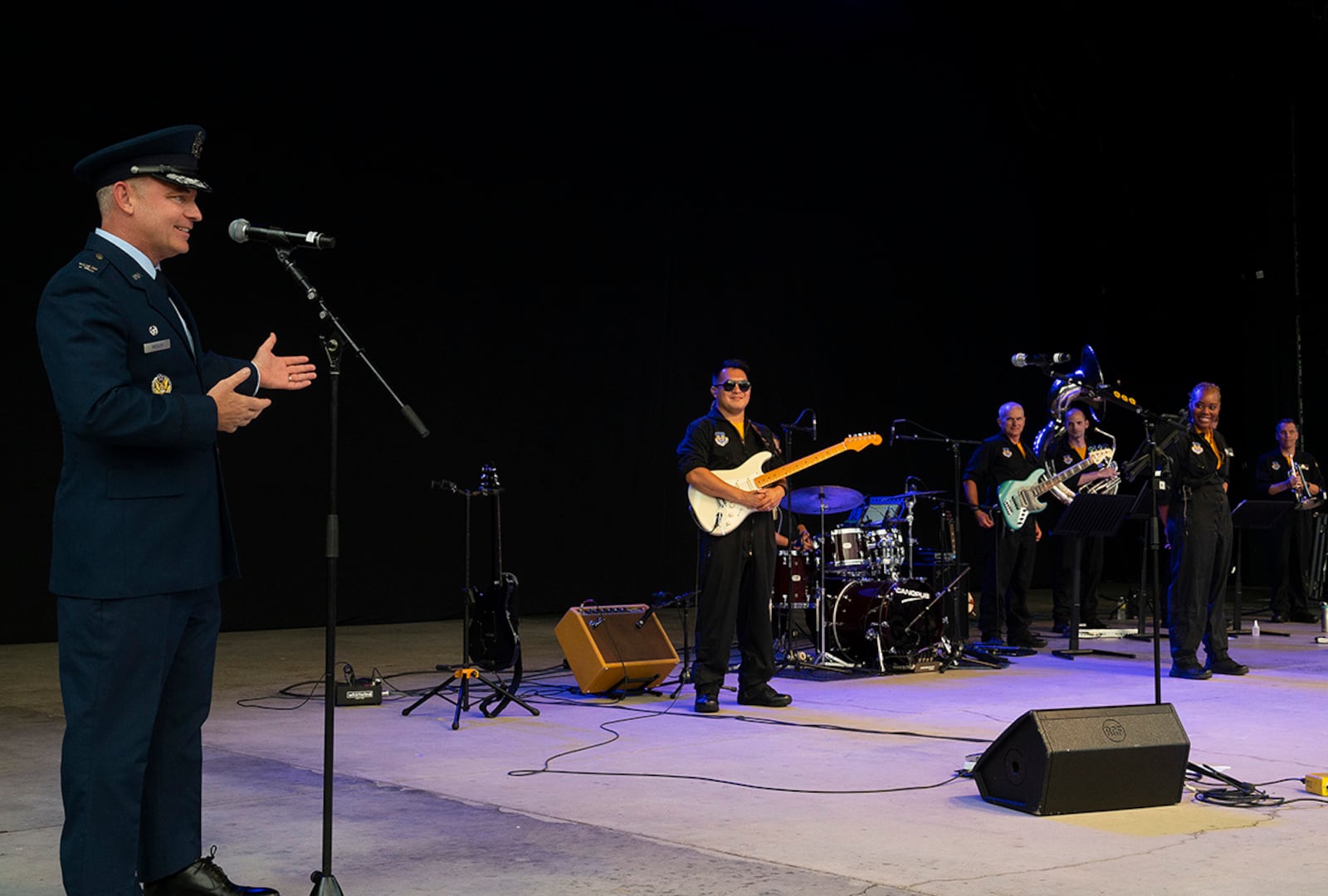 Col. Christopher B. Meeker, 88th Air Base Wing and Wright-Patterson Air Force Base commander, introduces the Air Force Band of Flight for their concert on July 27 at the Fraze Pavilion in Kettering. The free show was a tribute to the 75th anniversary of the U.S. Air Force. U.S. AIR FORCE PHOTO/R.J. ORIEZ