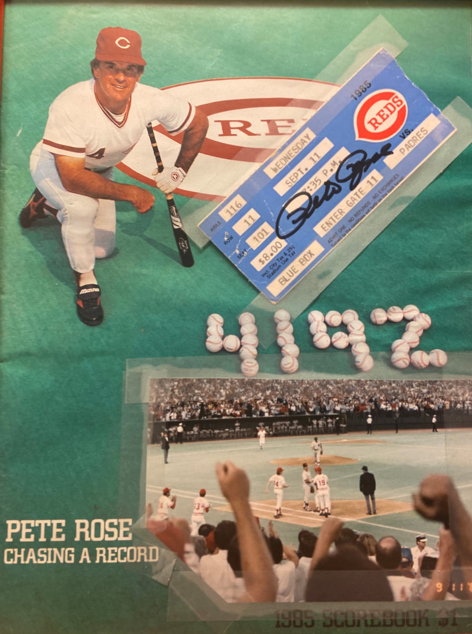 A Reds program from Sept. 11, 1985, with a photo and ticket affixed. Pete Rose later signed the ticket.  (CONTRIBUTED)