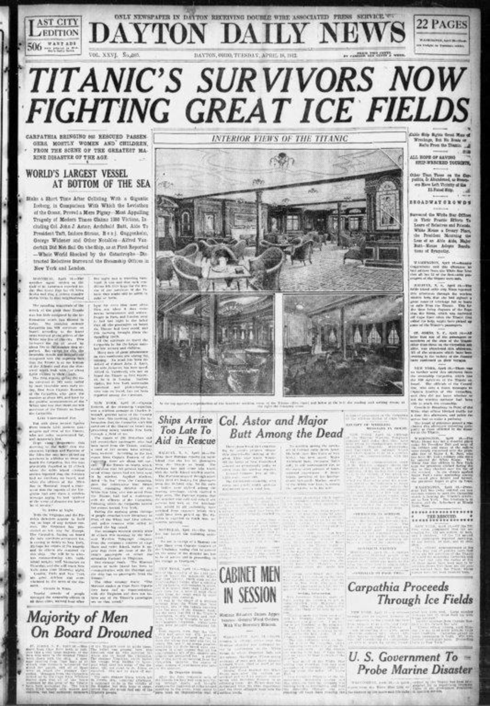 Dayton Daily News front page from April 16, 1912 covering the Titanic sinking.