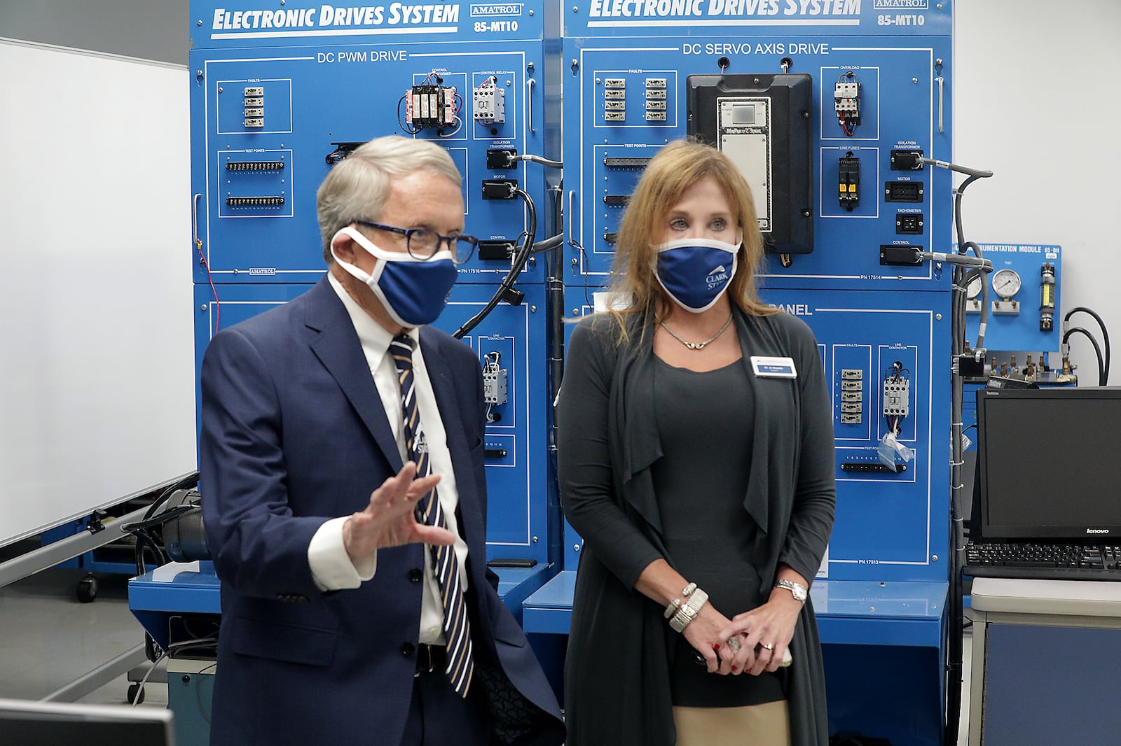 Governor Mike DeWine tours the Advanced Manufacturing Lab at Clark State College Monday with College President Jo Alice Blondin. BILL LACKEY/STAFF