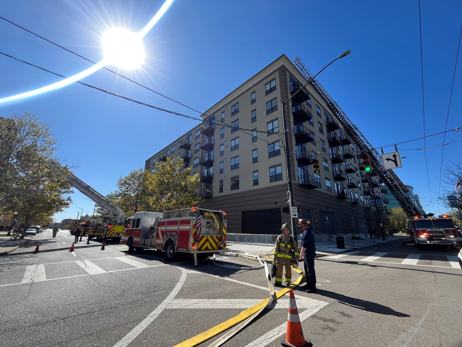 A fire broke out at the Monument apartments across from RiverScape in downtown Dayton at about 12:50 p.m. on Oct. 10, 2023. CORNELIUS FROLIK / STAFF