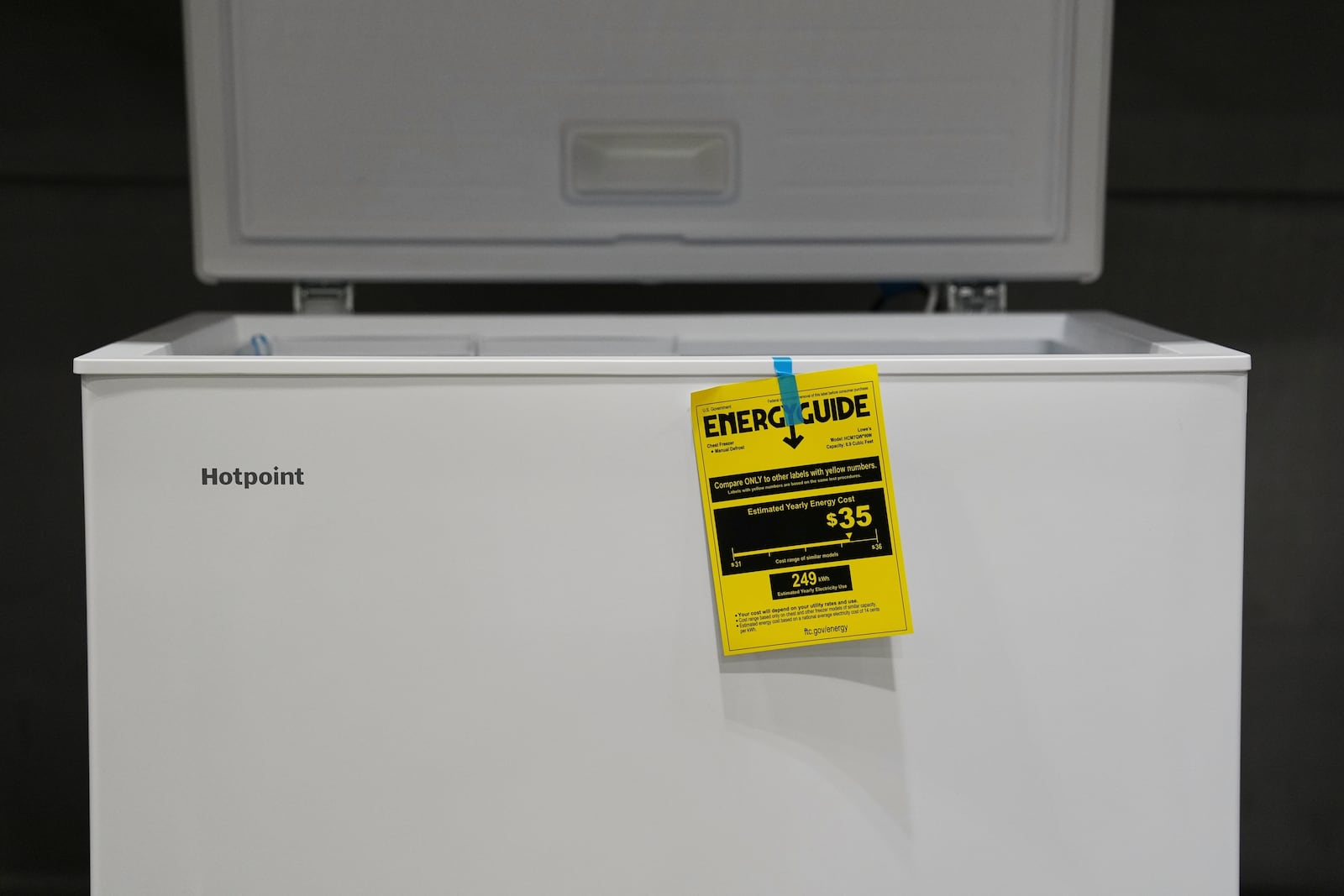 An energy guide is displayed on a freezer for sale, Tuesday, Jan. 21, 2025, in Cincinnati. (AP Photo/Joshua A. Bickel)