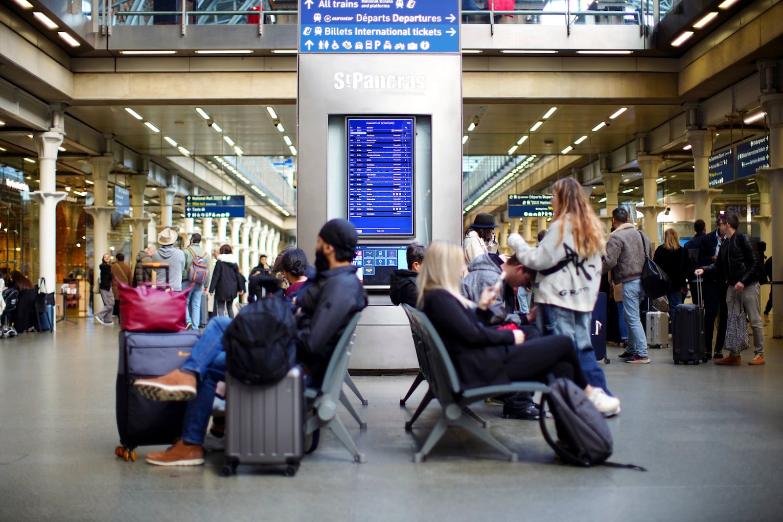 A general view of passengers at St Pancras International station in London, Friday March 7, 2025, after Eurostar trains to the capital have been halted following the discovery of an unexploded Second World War bomb near the tracks in Paris. (James Manning/PA via AP)