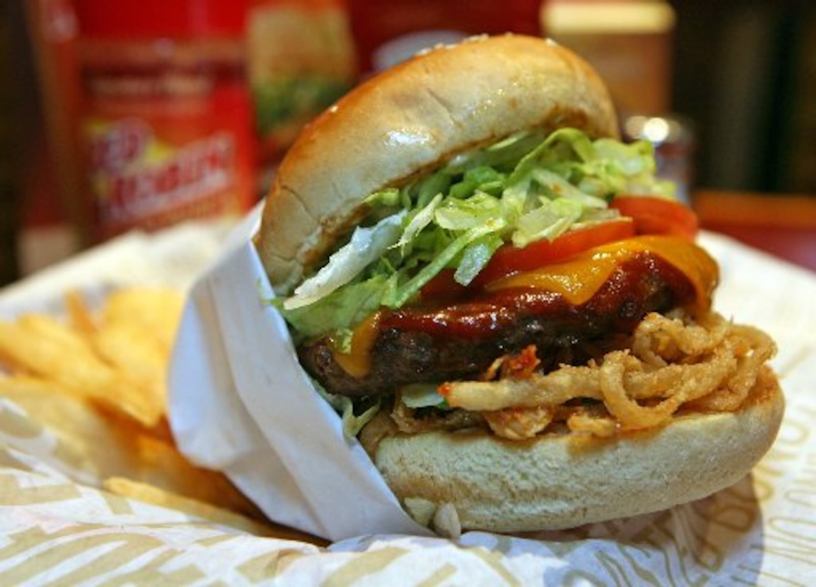 The Whiskey River BBQ Burger at Red Robin in West Chester. Staff photo by Greg Lynch