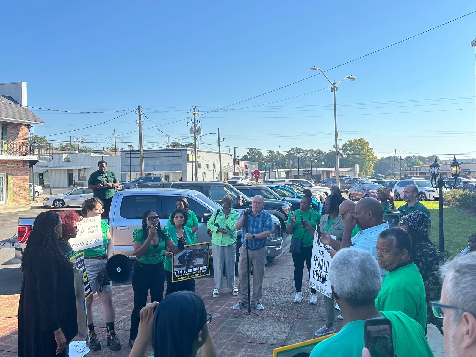 Supporters and family members of Ronald Greene gathered Monday outside the Union Parish Courthouse in Farmerville, Louisiana, following a plea hearing and sentencing for former state trooper Kory York. Greene’s mother, Mona Hardin, objected to the plea as “unfair” and urged a judge to reject it. (AP Photo/Jim Mustian)