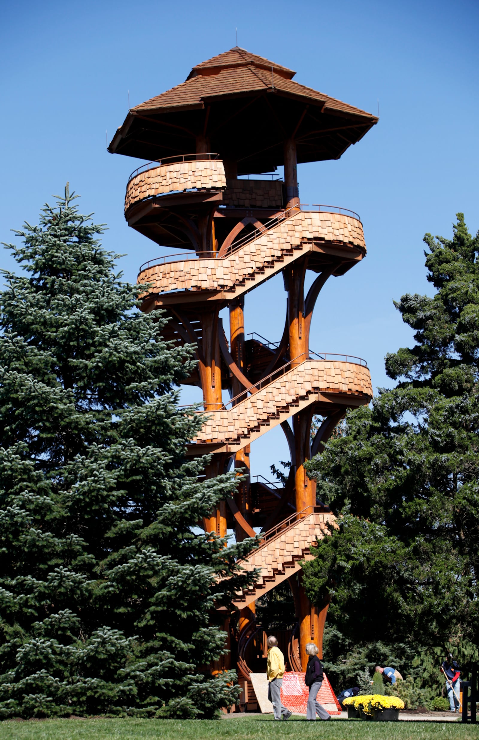 The Tree Tower at Cox Arboretum MetroPark in Miami Twp. is closed now because of safety concerns. The observation tower, which rises 46 feet above the ground, was designed by Belgian landscape architect Francois Goffinet. The original groundbreaking took place on Nov. 30, 2011. STAFF PHOTO BY LISA POWELL