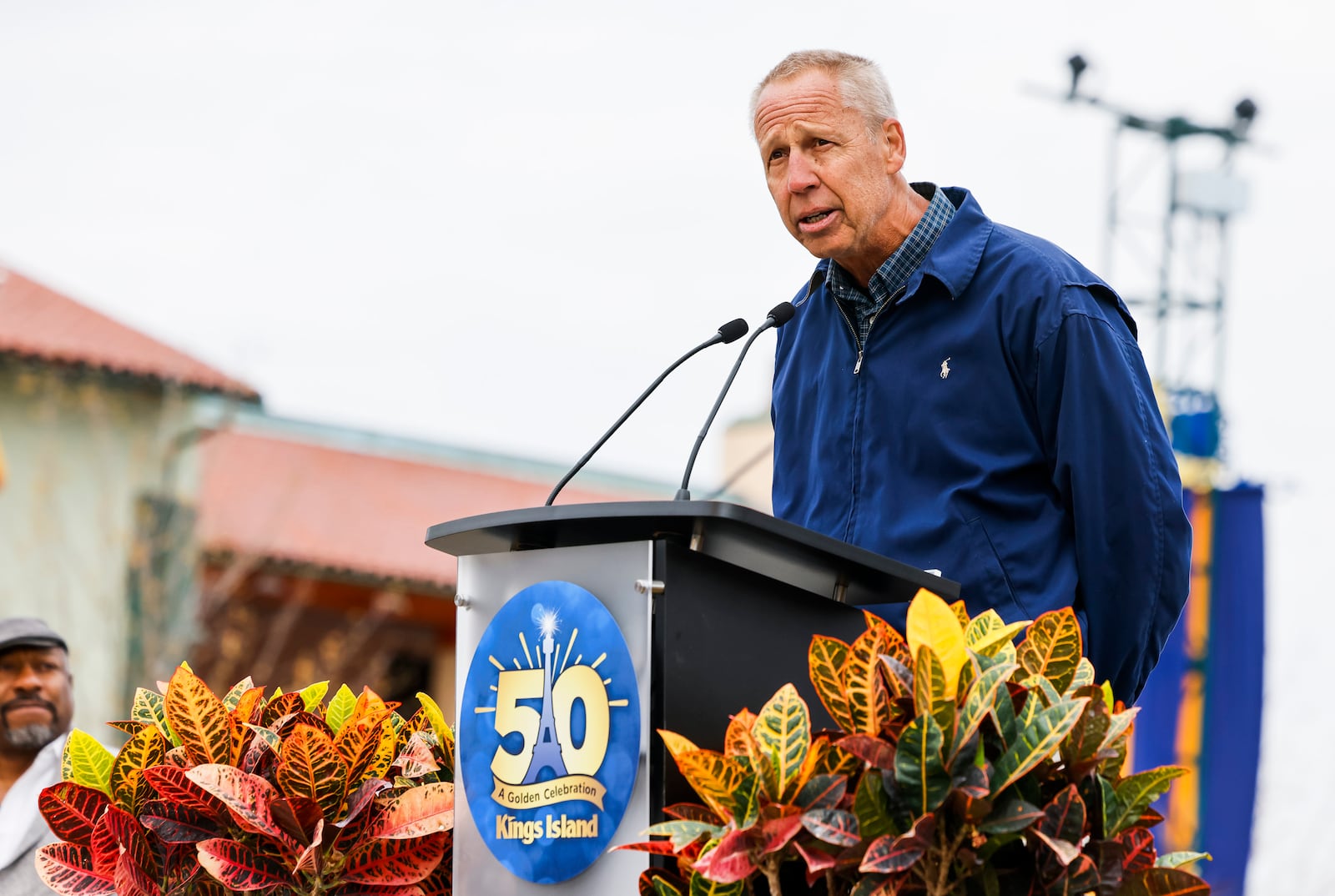 Kings Island held an opening ceremony and ribbon cutting Friday, April 29, 2022 in celebration of their 50th Anniversary. don Miller speaks after he was inducted into the Kings Island Hall of Fame during the ceremony. Miller started at Kings Island running the Bavarian Beetle roller coaster and was later head of operations for Kings Island until he retired. NICK GRAHAM/STAFF