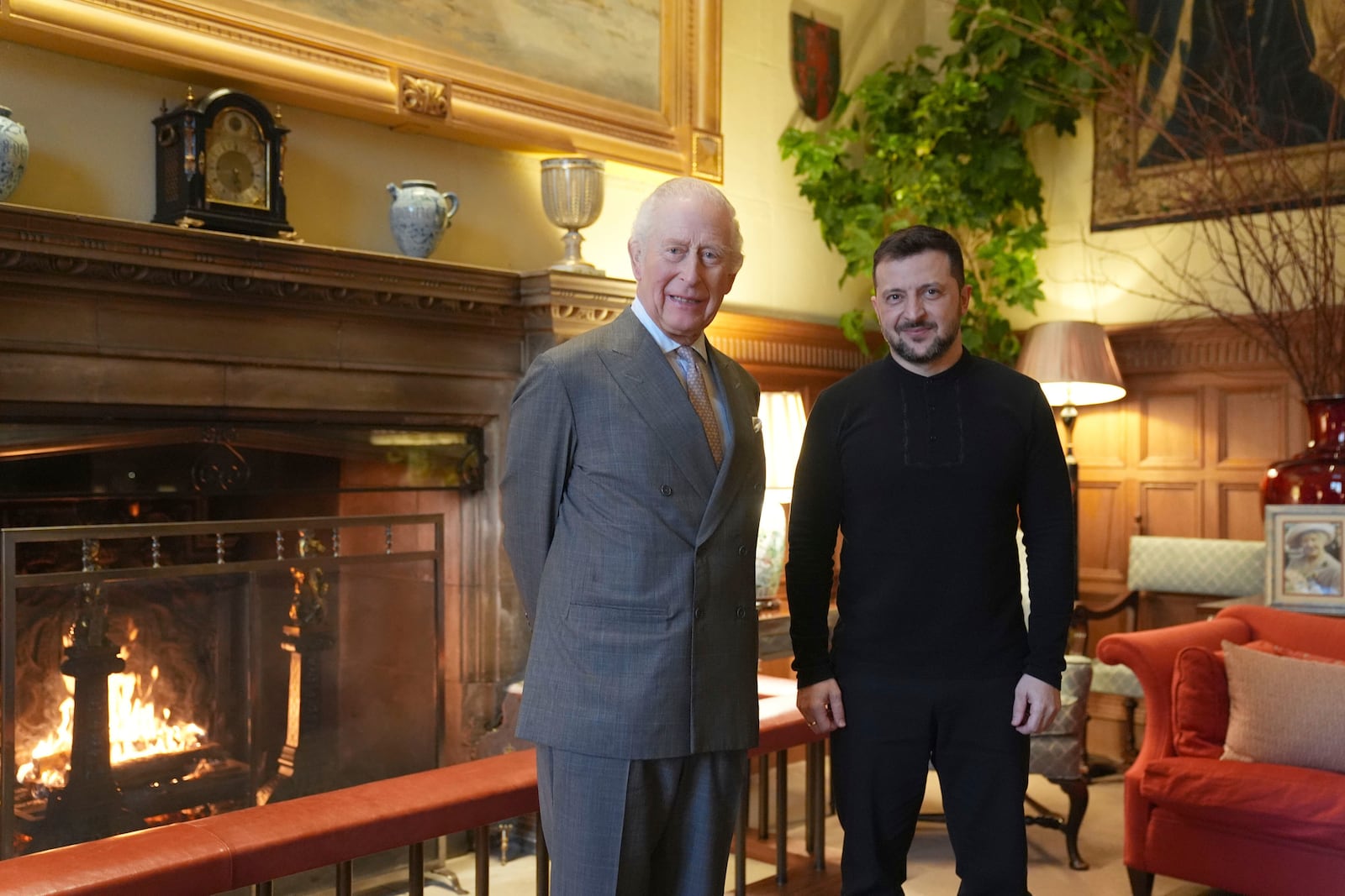 Britain's King Charles III and Ukrainian President Volodymyr Zelenskyy, right, pose for a picture during their meeting at the Sandringham Estate in Norfolk, England, Sunday, March 2, 2025. (Joe Giddens/PA via AP)