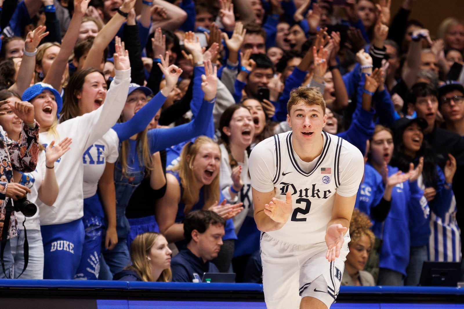 Duke's Cooper Flagg (2) reacts after hitting a 3-pointer during the first half of an NCAA college basketball game against Notre Dame in Durham, N.C., Saturday, Jan. 11, 2025. (AP Photo/Ben McKeown)