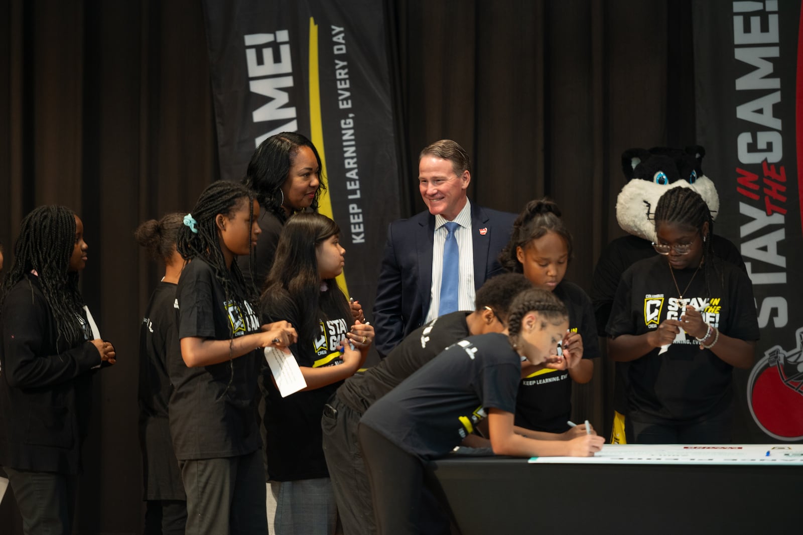 Students participate in "Stay in the Game" activities Friday, Oct. 27, 2023, at a school attendance event in Columbus, as Ohio Lt. Gov. Jon Husted looks on. CONTRIBUTED PHOTO / STATE OF OHIO