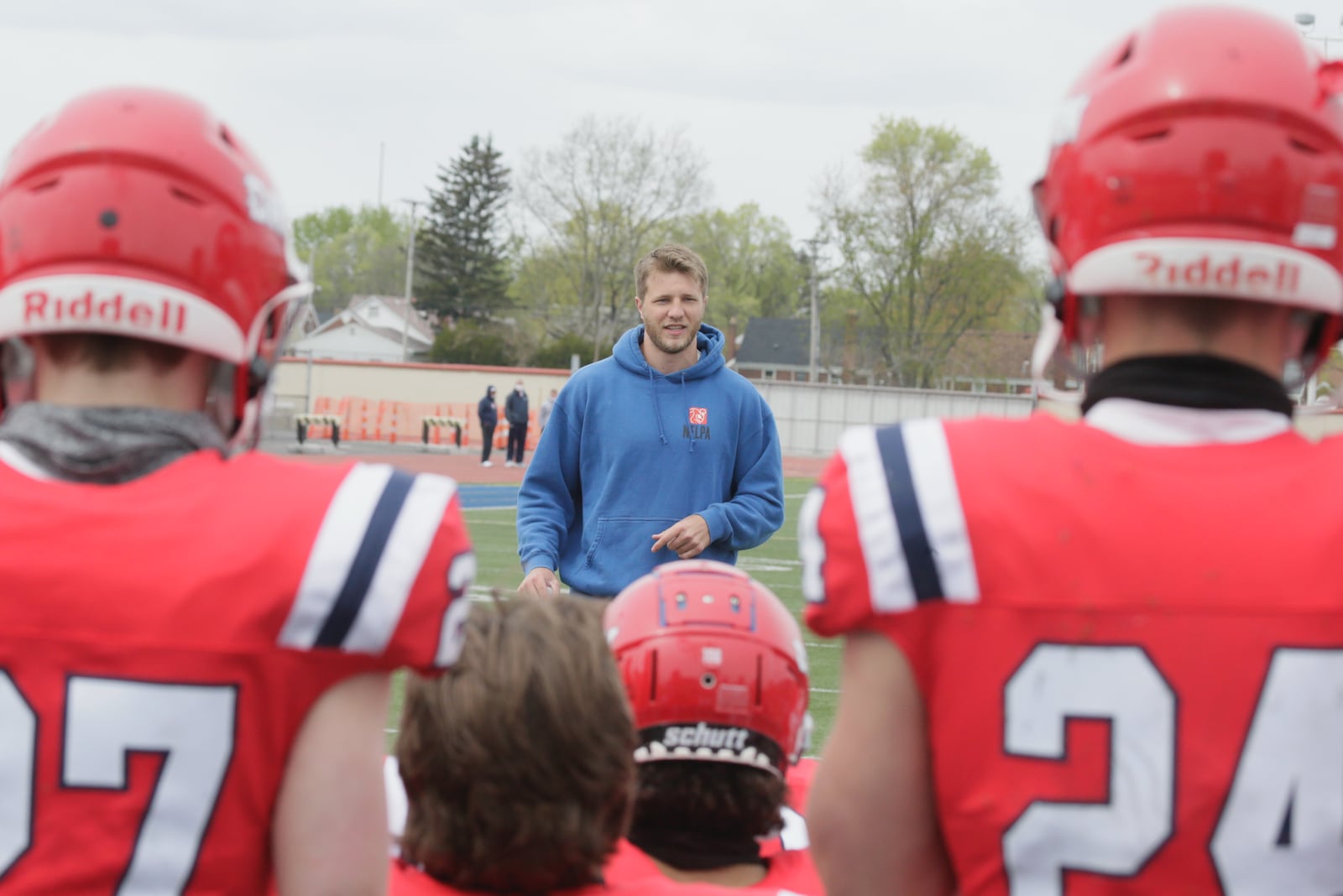 Saints tight end and former Flyer Adam Trautman talks to the Dayton football team after a scrimmage against Ashland on Saturday, April 17, 2021, at Welcome Stadium. David Jablonski/Staff