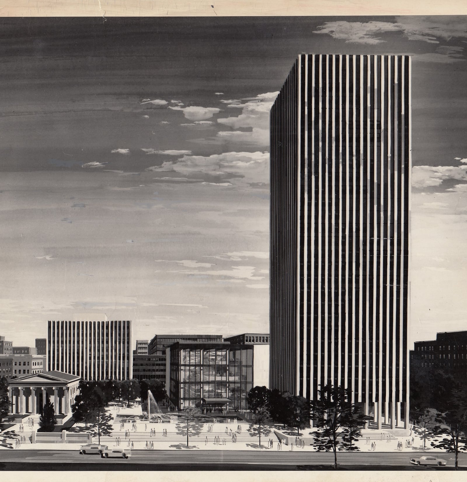 A rendering of the proposed Courthouse Square project in Dayton from August 1973.